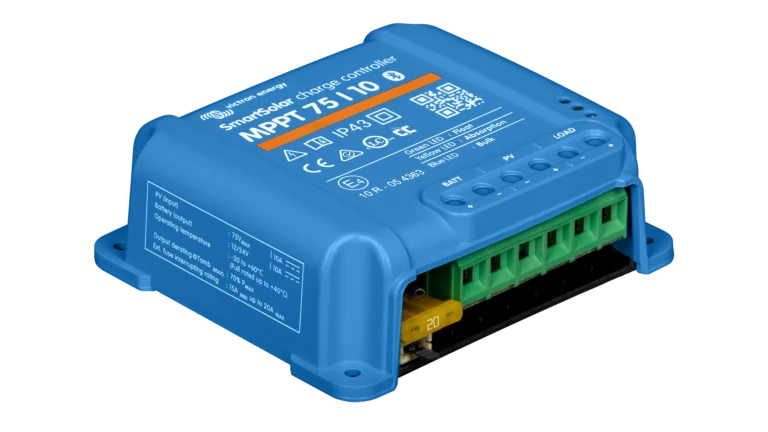 High quality photo of the Victron - SCC075010060R - SmartSolar MPPT VE.Direct Charge Controller-75V 10A - Angled Left View. Photographed by Current Connected