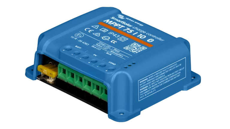 High quality photo of the Victron - SCC075010060R - SmartSolar MPPT VE.Direct Charge Controller-75V 10A - Angled Right View. Photographed by Current Connected