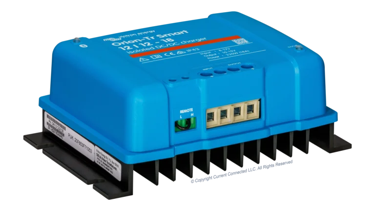 High quality photo of the .Victron - ORI121222120 - Victron Orion-TR Smart Isolated DC-DC Battery Charger - 12v 12v-18a - Angled Left View Photographed by Current Connected