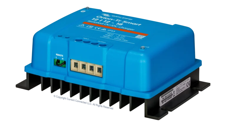 High quality photo of the Victron - ORI121222120 - Victron Orion-TR Smart Isolated DC-DC Battery Charger - 12v 12v-18a - Angled Right View. Photographed by Current Connected