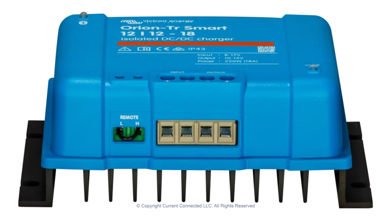 High quality photo of the Victron - ORI121222120 - Victron Orion-TR Smart Isolated DC-DC Battery Charger - 12v 12v-18a - Front Angle View. Photographed by Current Connected