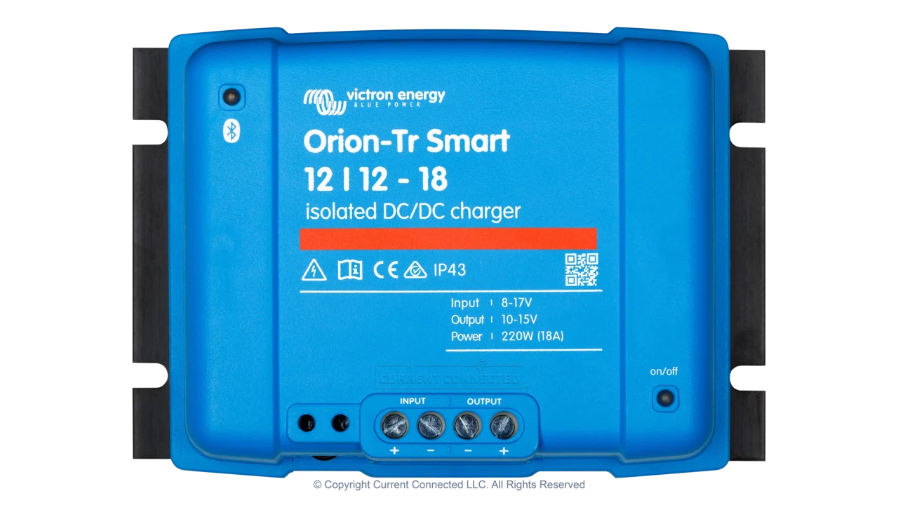 High quality photo of the Victron - ORI121222120 - Victron Orion-TR Smart Isolated DC-DC Battery Charger - 12v 12v-18a - Top View. Photographed by Current Connected