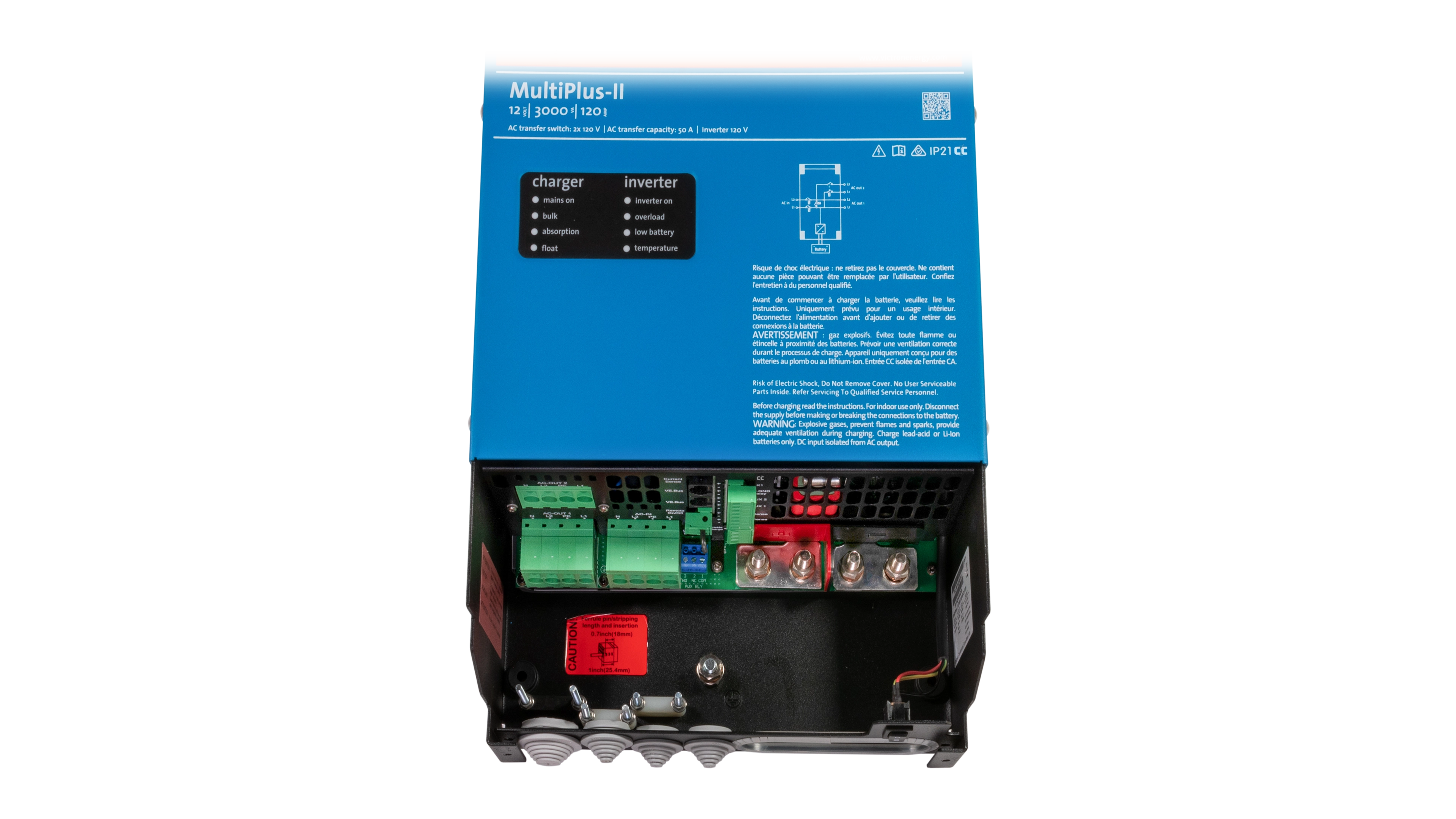 Victron Energy 12V MultiPlus-II 3kVA 2x120V Inverter 120A Charger (UL) - Internal Victron Energy 12V MultiPlus-II 3kVA 2x120V Inverter 120A Charger (UL). This is a Internal view display of the inverter by Victron Energy with no background.