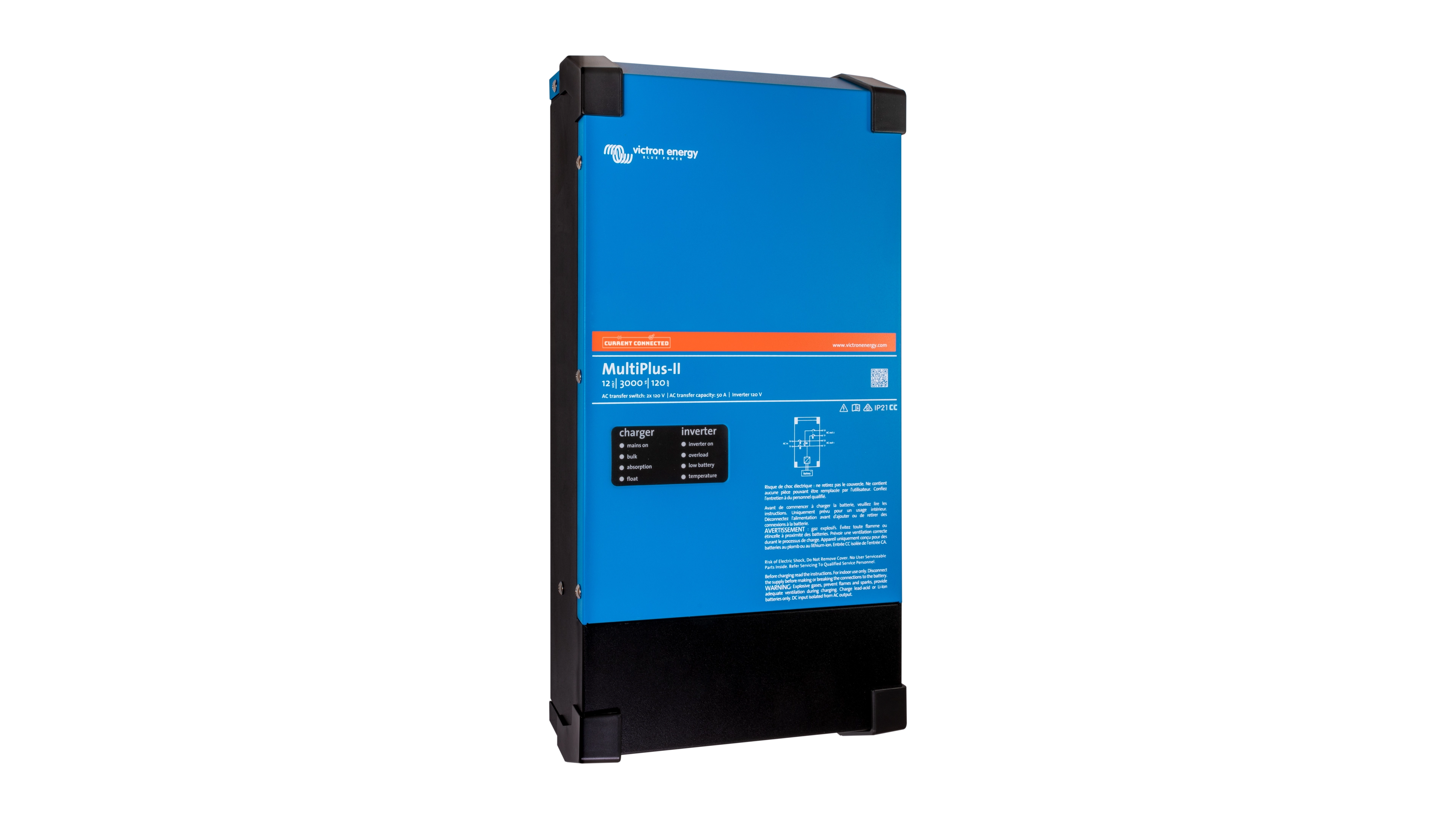 Victron Energy 12V MultiPlus-II 3kVA 2x120V Inverter 120A Charger (UL) - Left Victron Energy 12V MultiPlus-II 3kVA 2x120V Inverter 120A Charger (UL). This is a Left view display of the inverter by Victron Energy with no background.
