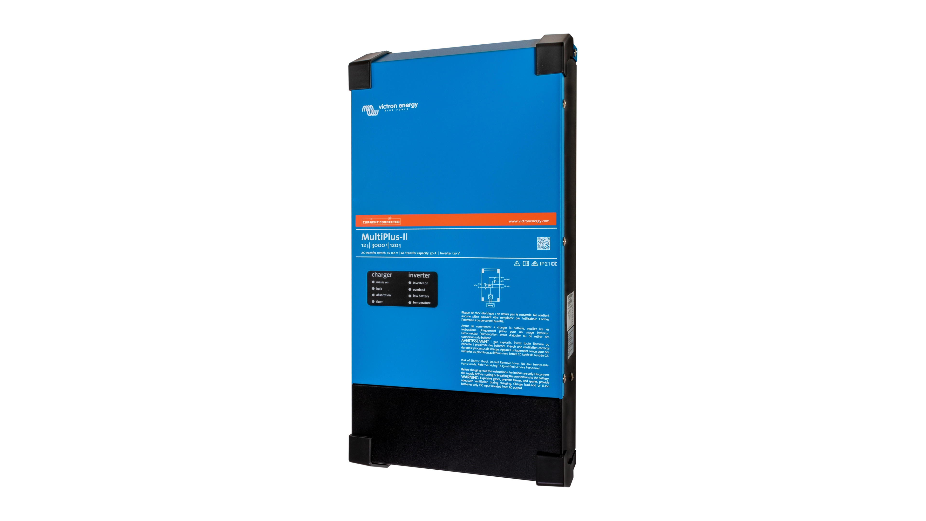 Victron Energy 12V MultiPlus-II 3kVA 2x120V Inverter 120A Charger (UL) - Right Victron Energy 12V MultiPlus-II 3kVA 2x120V Inverter 120A Charger (UL). This is a Right view display of the inverter by Victron Energy with no background.