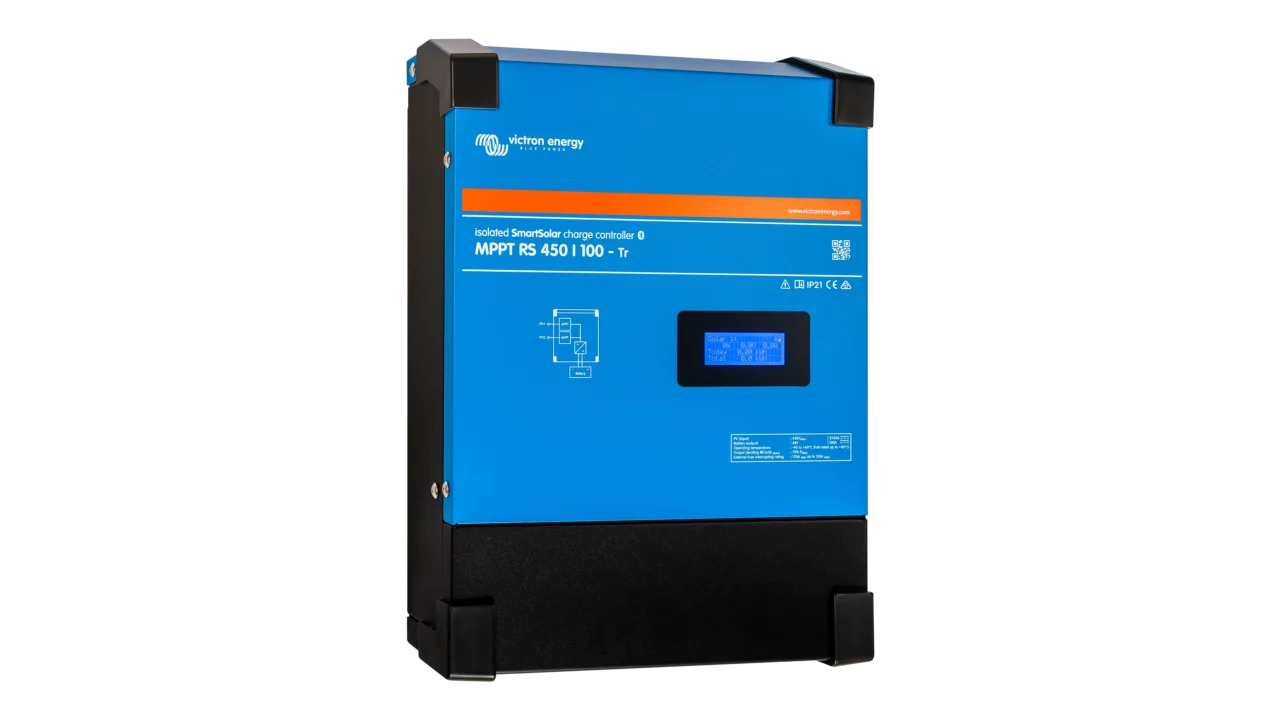 High quality photo of the Victron - SCC145120410 - MPPT RS 450V SmartSolar Charge Controller - 200A TR - Angled Left View. Photographed by Current Connected