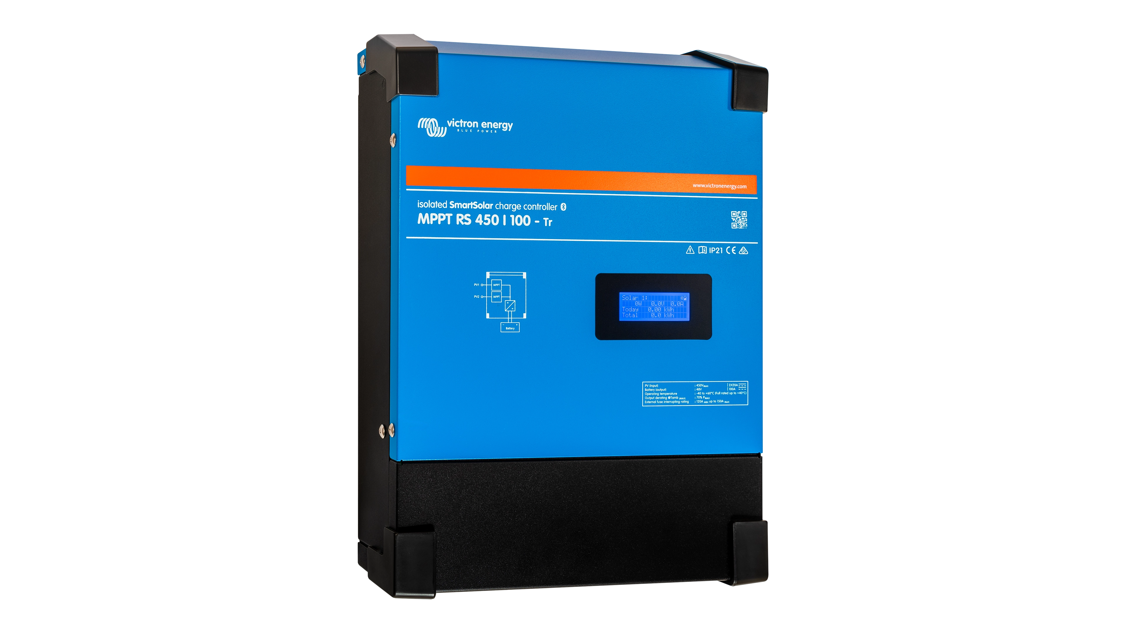 Victron - SCC145120410 - MPPT RS 450V SmartSolar Charge Controller - 200A TR - Angled Left View High quality photo of the Victron - SCC145120410 - MPPT RS 450V SmartSolar Charge Controller - 200A TR - Angled Left View. Photographed by Current Connected