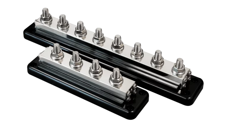 Victron Energy 600A Bus Bars with ABS Cover - Available with 4 or 8 Studs, each with 8 Terminals. The image is an isometric view of both busbars without the ABS covers, and no background.