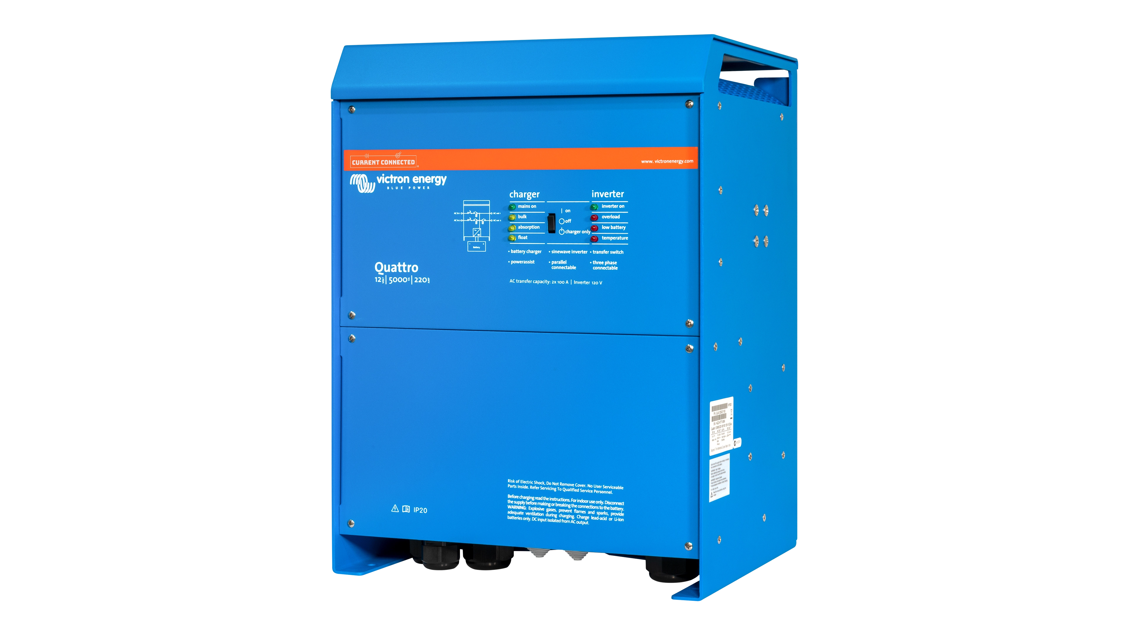 Victron - QUA125021100 - 12V Quattro 5kVA 120V Inverter 220A Charger - Right View High quality photo of the Victron - QUA125021100 - 12V Quattro 5kVA 120V Inverter 220A Charger - Right View. Photographed by Current Connected
