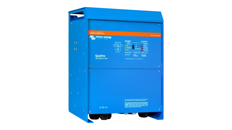 High quality photo of the Victron - QUA125021100 - 12V Quattro 5kVA 120V Inverter 220A Charger - Left View. Photographed by Current Connected
