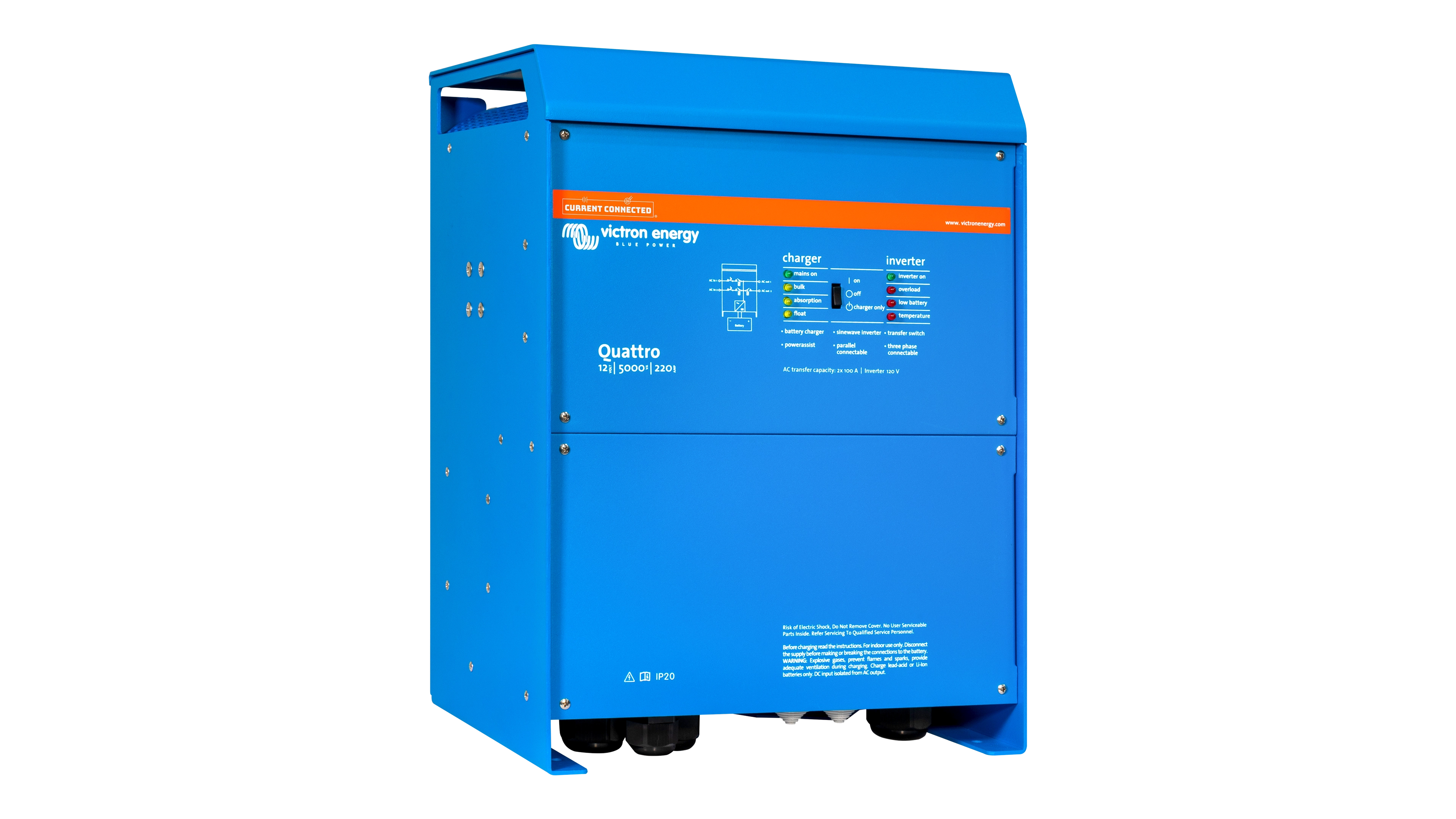 Victron - QUA125021100 - 12V Quattro 5kVA 120V Inverter 220A Charger - Left View High quality photo of the Victron - QUA125021100 - 12V Quattro 5kVA 120V Inverter 220A Charger - Left View. Photographed by Current Connected