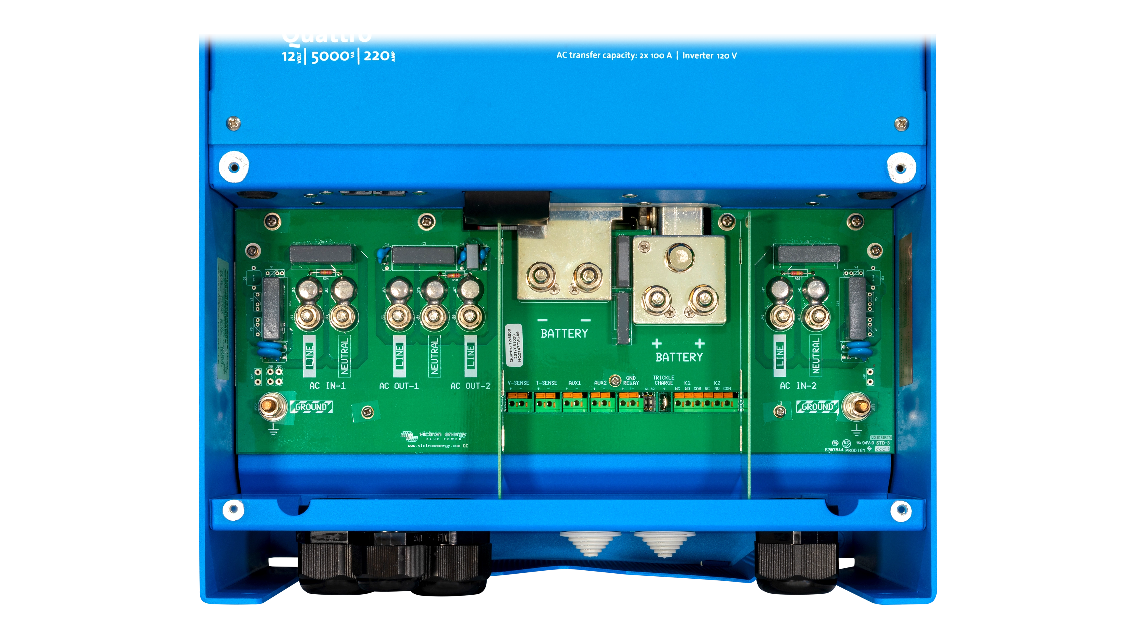 Victron - QUA125021100 - 12V Quattro 5kVA 120V Inverter 220A Charger - Internal View High quality photo of the Victron - QUA125021100 - 12V Quattro 5kVA 120V Inverter 220A Charger - Internal View. Photographed by Current Connected