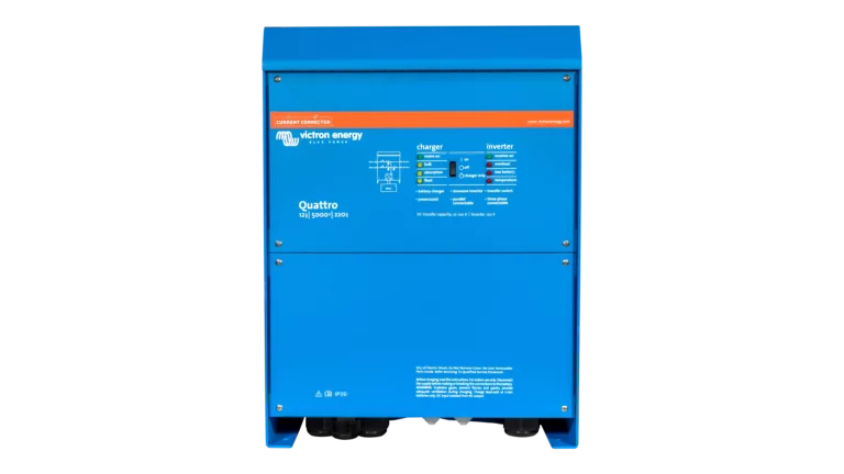 High quality photo of the Victron - QUA125021100 - 12V Quattro 5kVA 120V Inverter 220A Charger - Front View. Photographed by Current Connected
