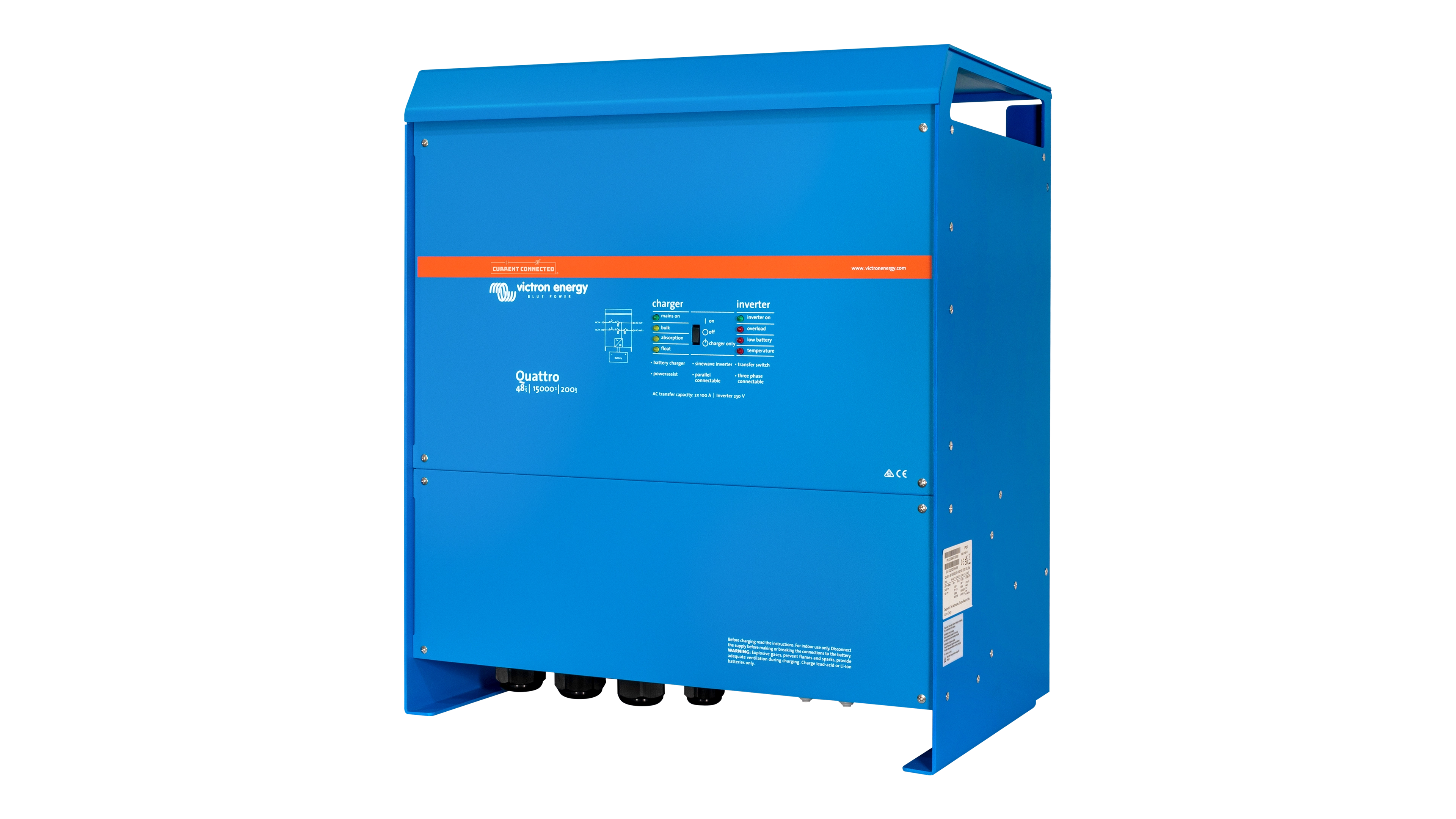 Victron - QUA483150100 - 48V Quattro 15kVA 277V Inverter 200A Charger - Right View High quality photo of the Victron - QUA483150100 - 48V Quattro 15kVA 277V Inverter 200A Charger - Right View. Photographed by Current Connected