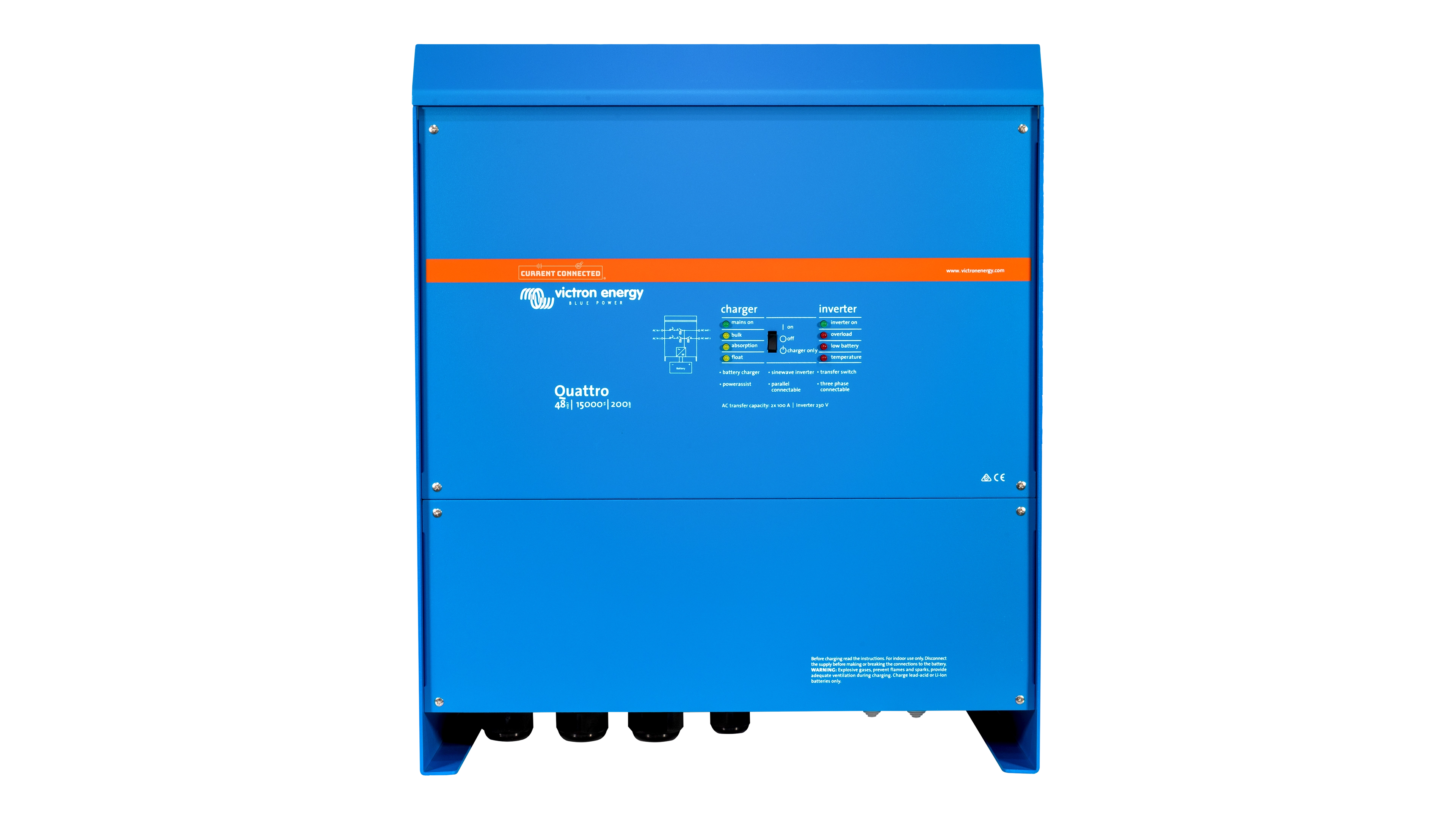 Victron - QUA483150100 - 48V Quattro 15kVA 277V Inverter 200A Charger - Front View High quality photo of the Victron - QUA483150100 - 48V Quattro 15kVA 277V Inverter 200A Charger - Front View. Photographed by Current Connected