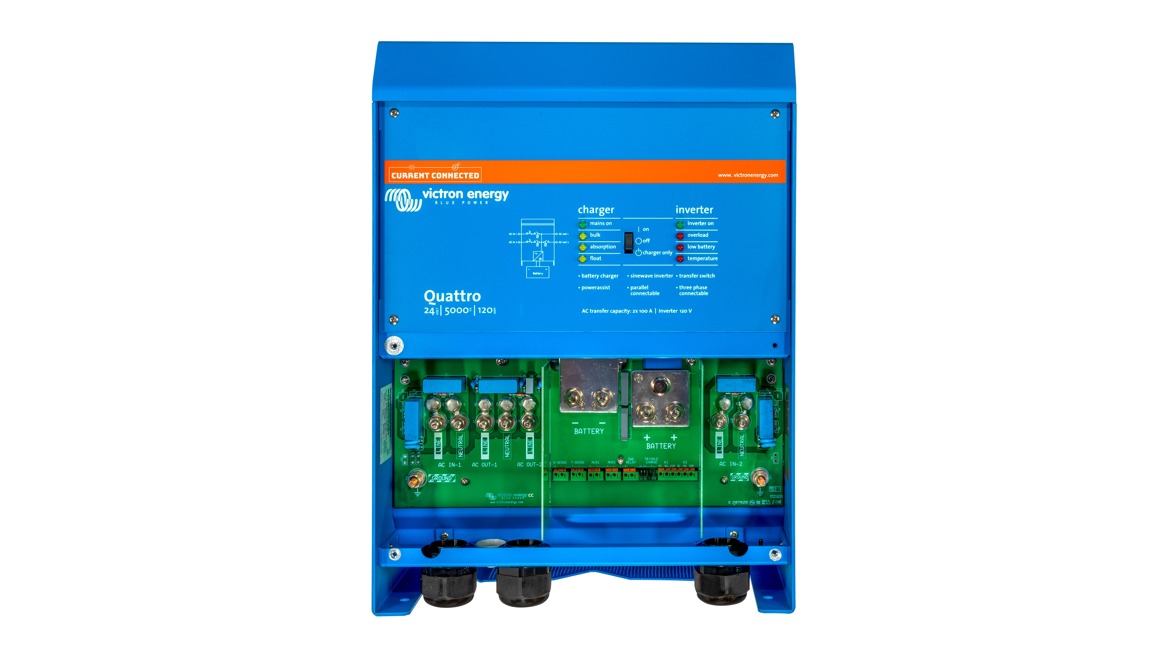 High quality photo of the Victron - QUA245023110 - 24V Quattro 5kVA 120V Inverter 120A Charger - Internal View. Photographed by Current Connected