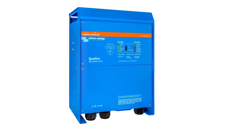 High quality photo of the Victron - QUA245023110 - 24V Quattro 5kVA 120V Inverter 120A Charger - Left View. Photographed by Current Connected