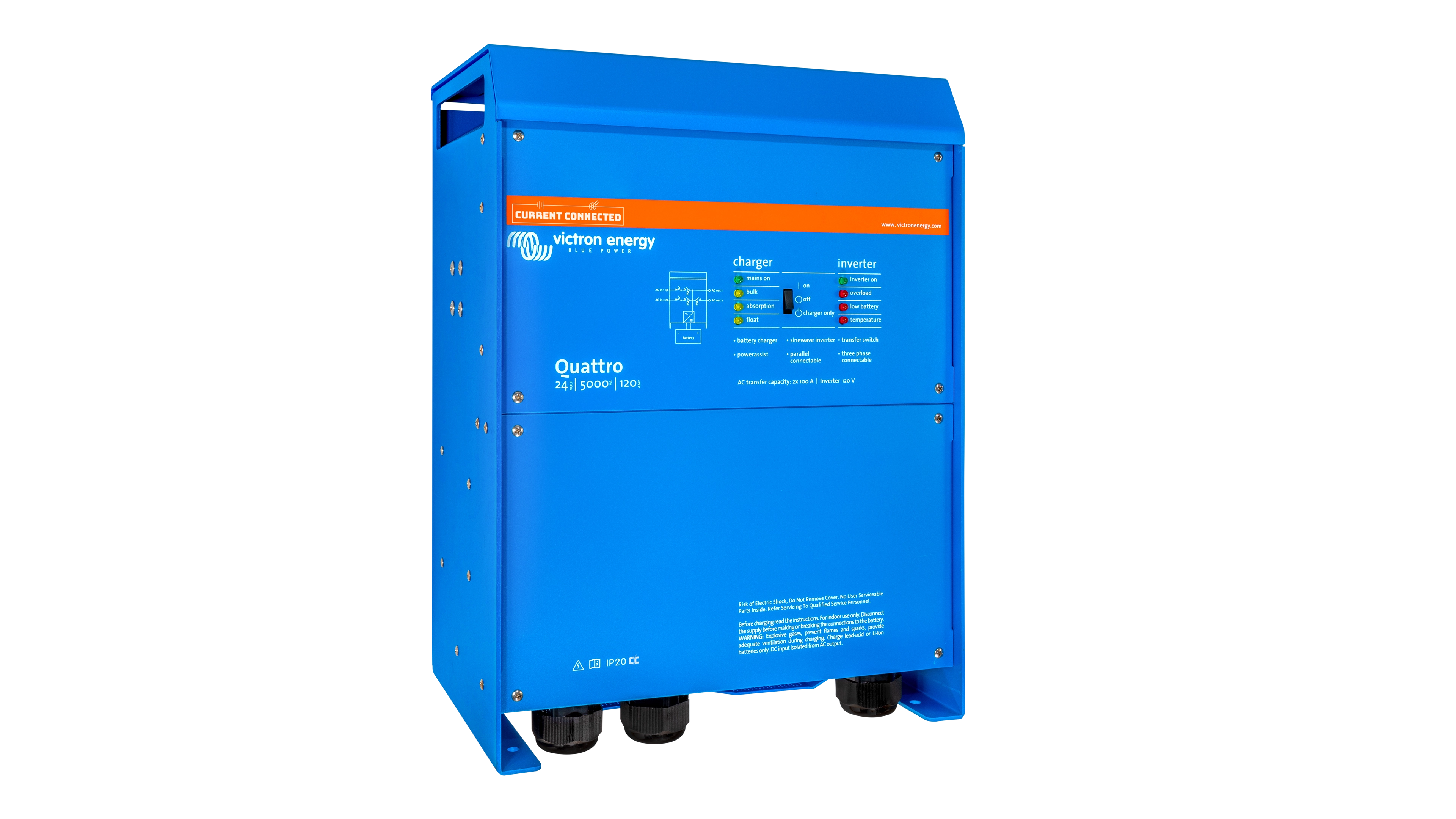High quality photo of the Victron - QUA245023110 - 24V Quattro 5kVA 120V Inverter 120A Charger - Left View. Photographed by Current Connected