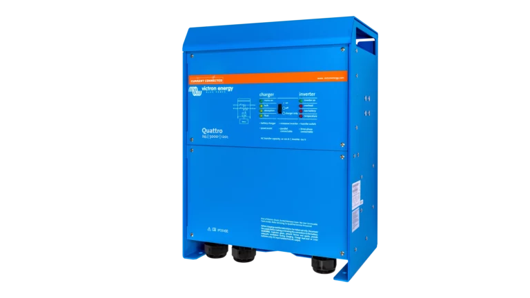 High quality photo of the Victron - QUA245023110 - 24V Quattro 5kVA 120V Inverter 120A Charger - Right View. Photographed by Current Connected