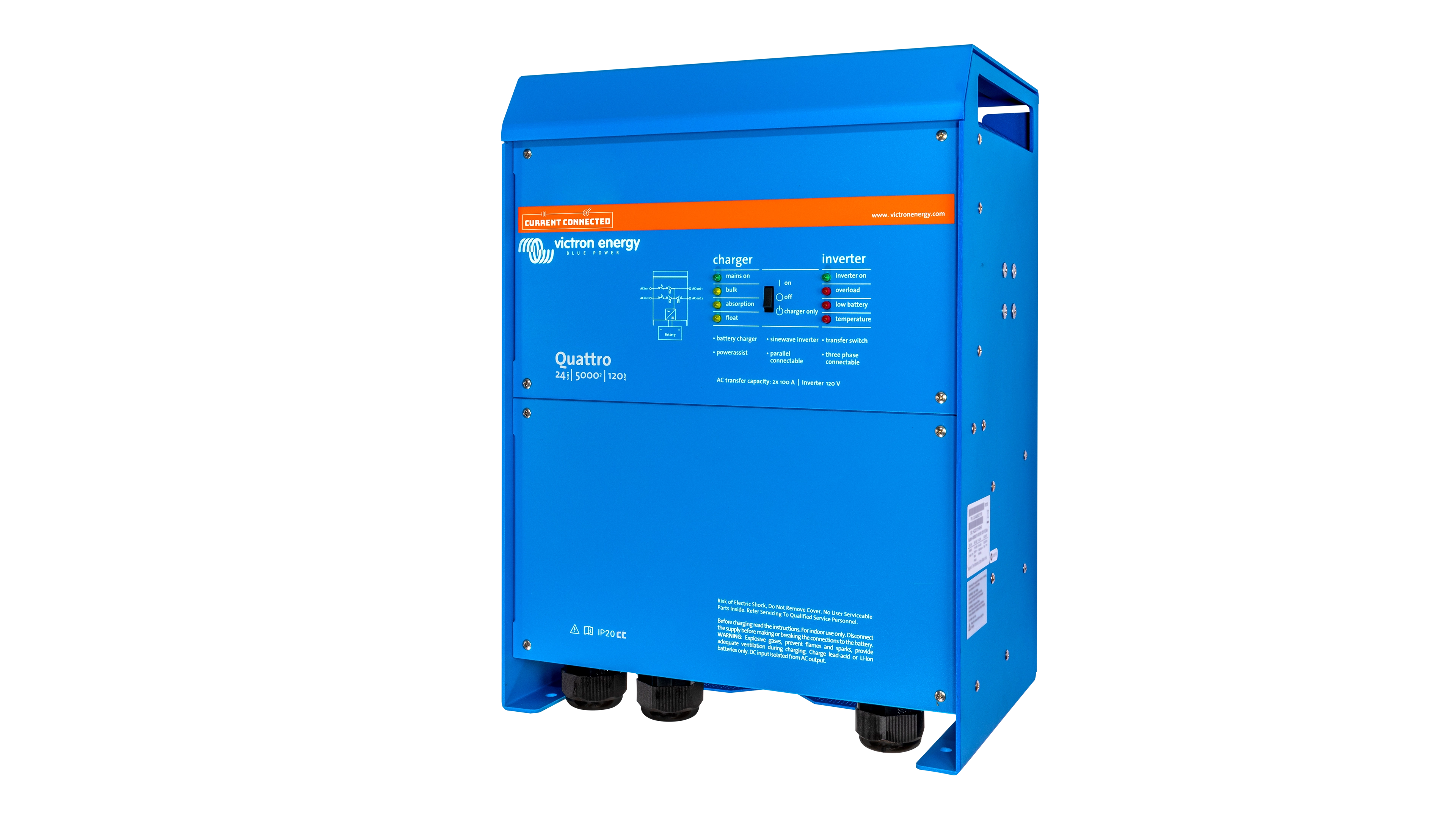 High quality photo of the Victron - QUA245023110 - 24V Quattro 5kVA 120V Inverter 120A Charger - Right View. Photographed by Current Connected