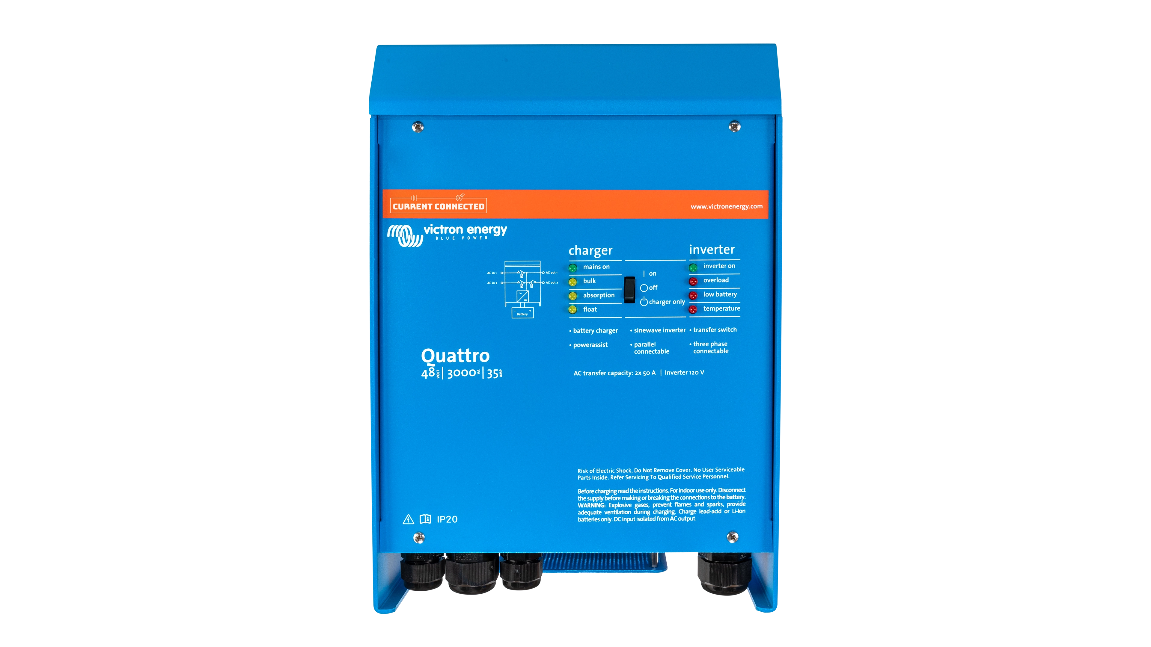 Victron - QUA483021100 - 48V Quattro 3kVA 120V Inverter 35A Charger – Front View High quality photo of the Victron - QUA483021100 - 48V Quattro 3kVA 120V Inverter 35A Charger – Front View. Photographed by Current Connected