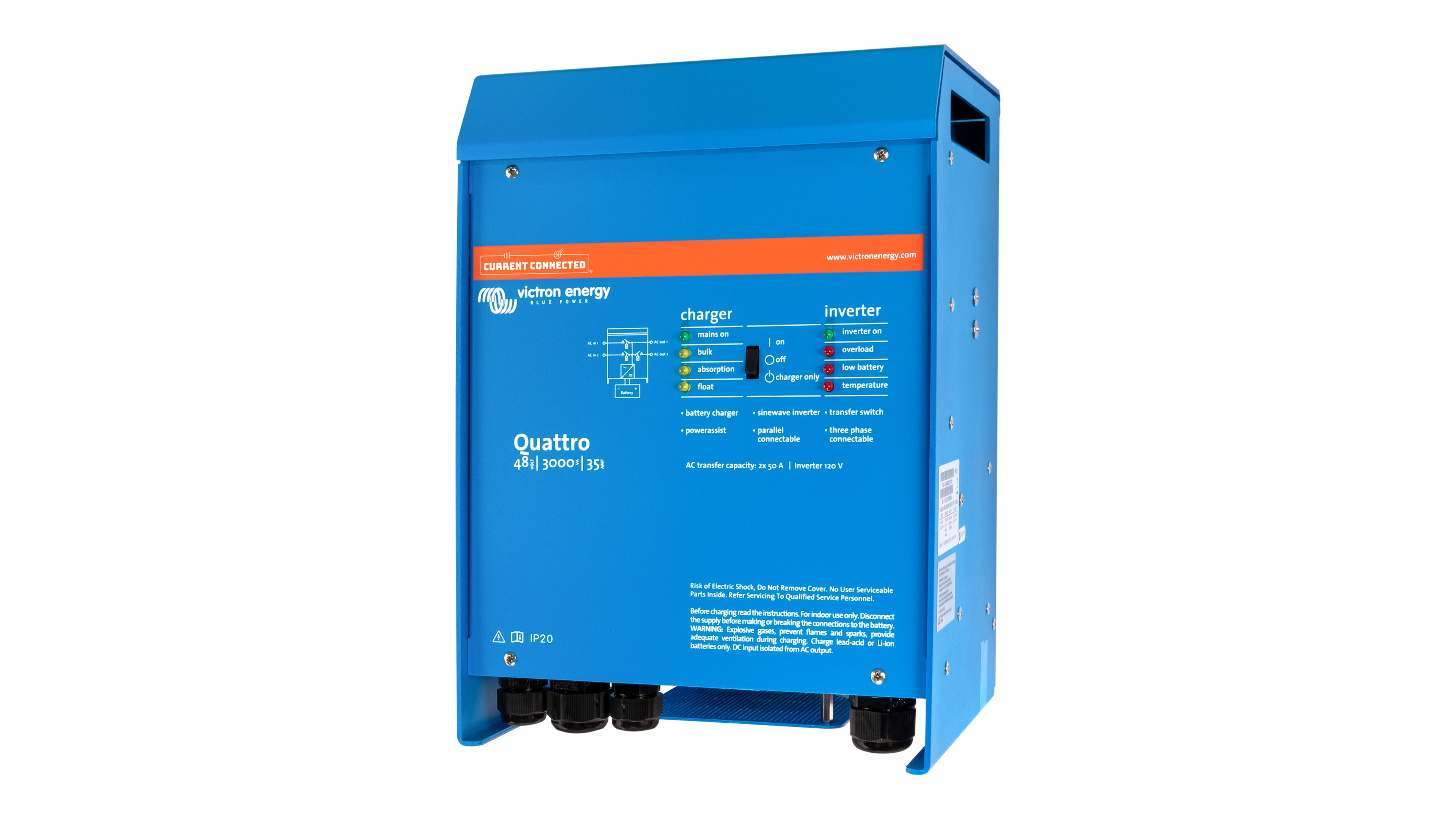 Victron - QUA483021100 - 48V Quattro 3kVA 120V Inverter 35A Charger – Right View High quality photo of the Victron - QUA483021100 - 48V Quattro 3kVA 120V Inverter 35A Charger – Right View. Photographed by Current Connected