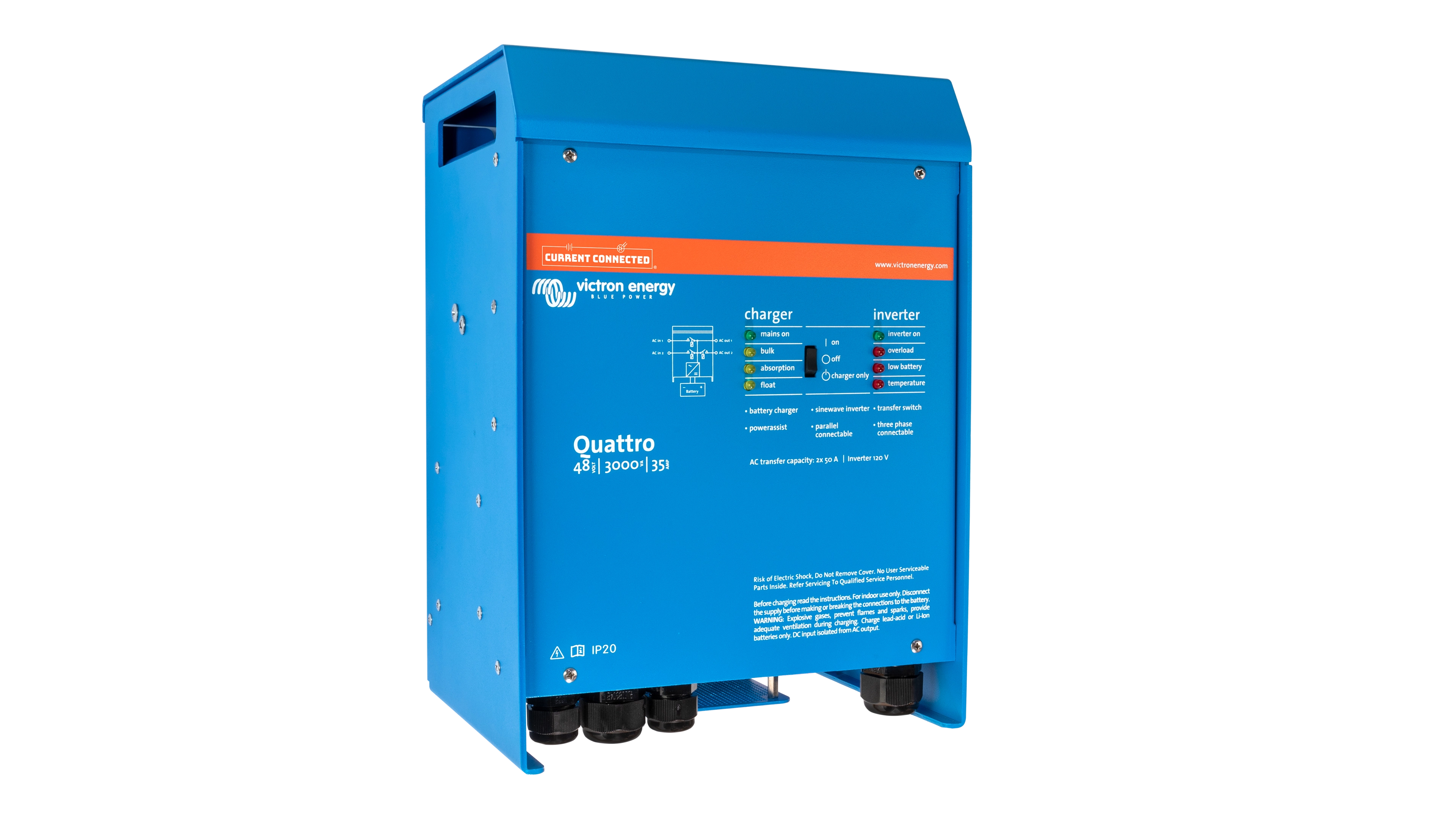 Victron - QUA483021100 - 48V Quattro 3kVA 120V Inverter 35A Charger – Left View High quality photo of the Victron - QUA483021100 - 48V Quattro 3kVA 120V Inverter 35A Charger – Left View. Photographed by Current Connected