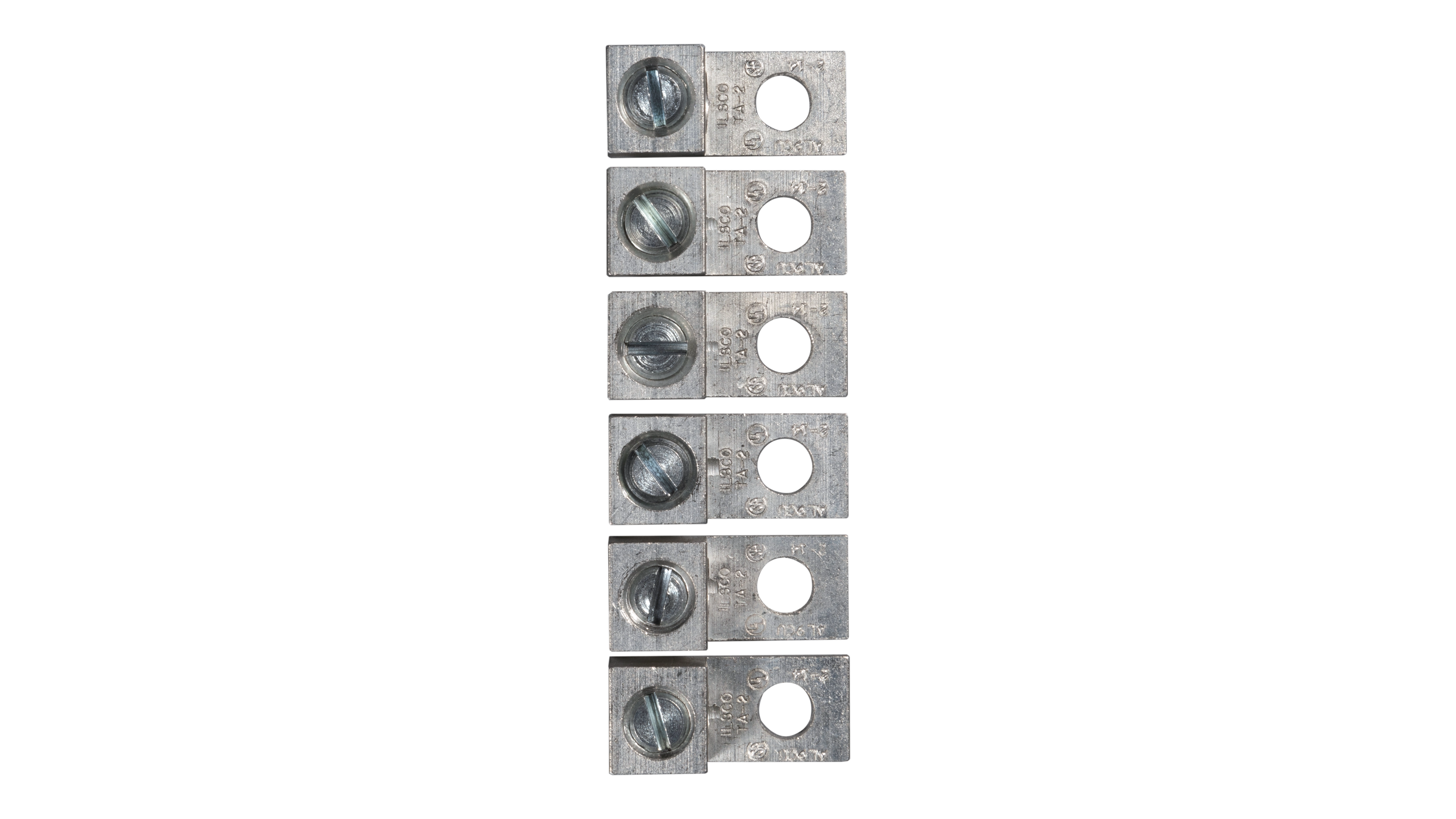 Six-Lug Set for Quattro Inverters – Top-Down View Six-Lug Set for Victron Quattro Inverters. This is a Top-Down display of the six lug set in a vertical line, with no background