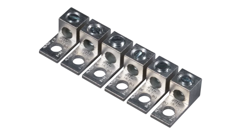 Six-Lug Set for Victron Quattro Inverters. This is an Angled View of the six-lug set in a vertical line, with no background