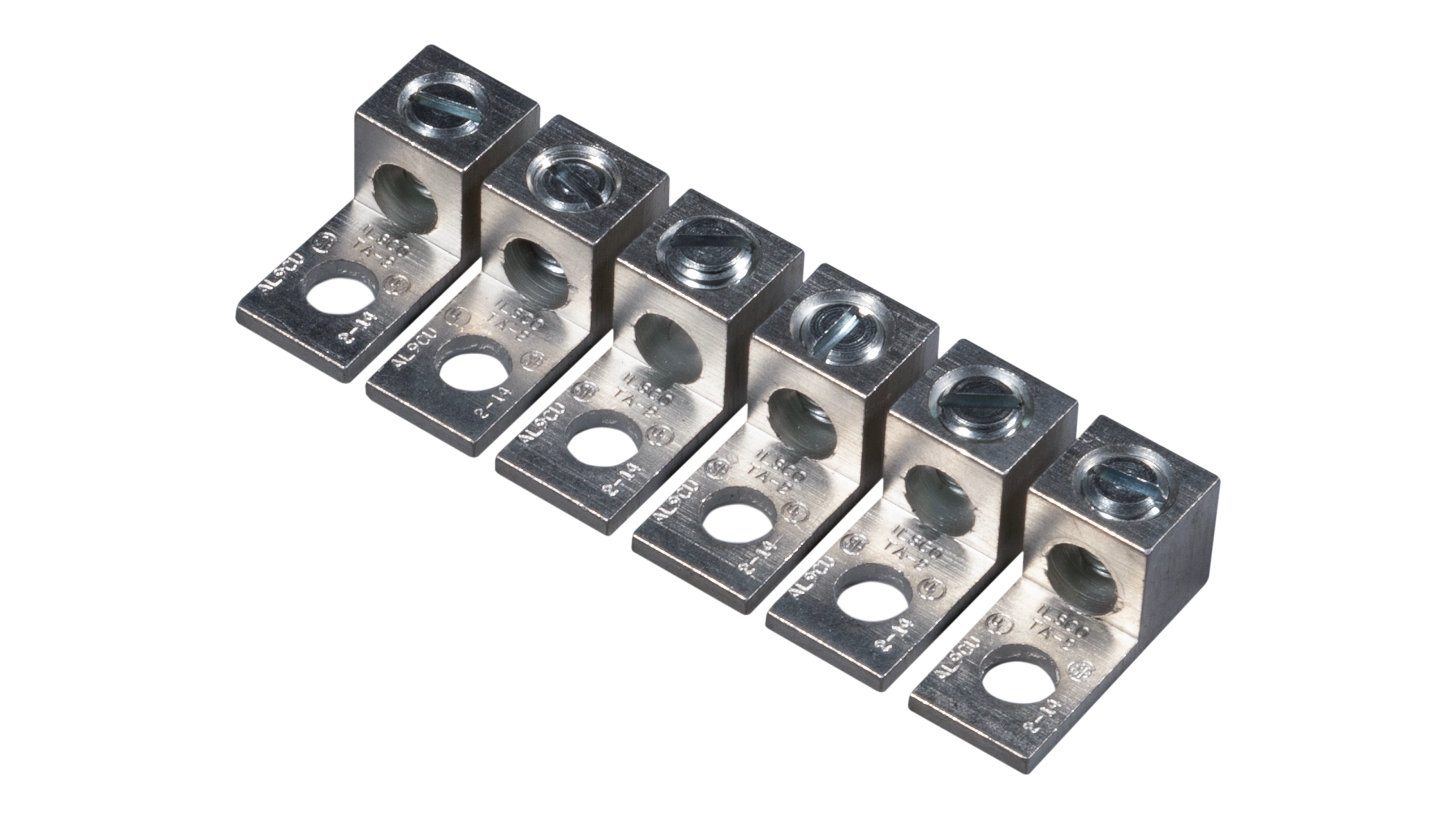 Six-Lug Set for Quattro Inverters – Angled View Six-Lug Set for Victron Quattro Inverters. This is an Angled View of the six-lug set in a vertical line, with no background