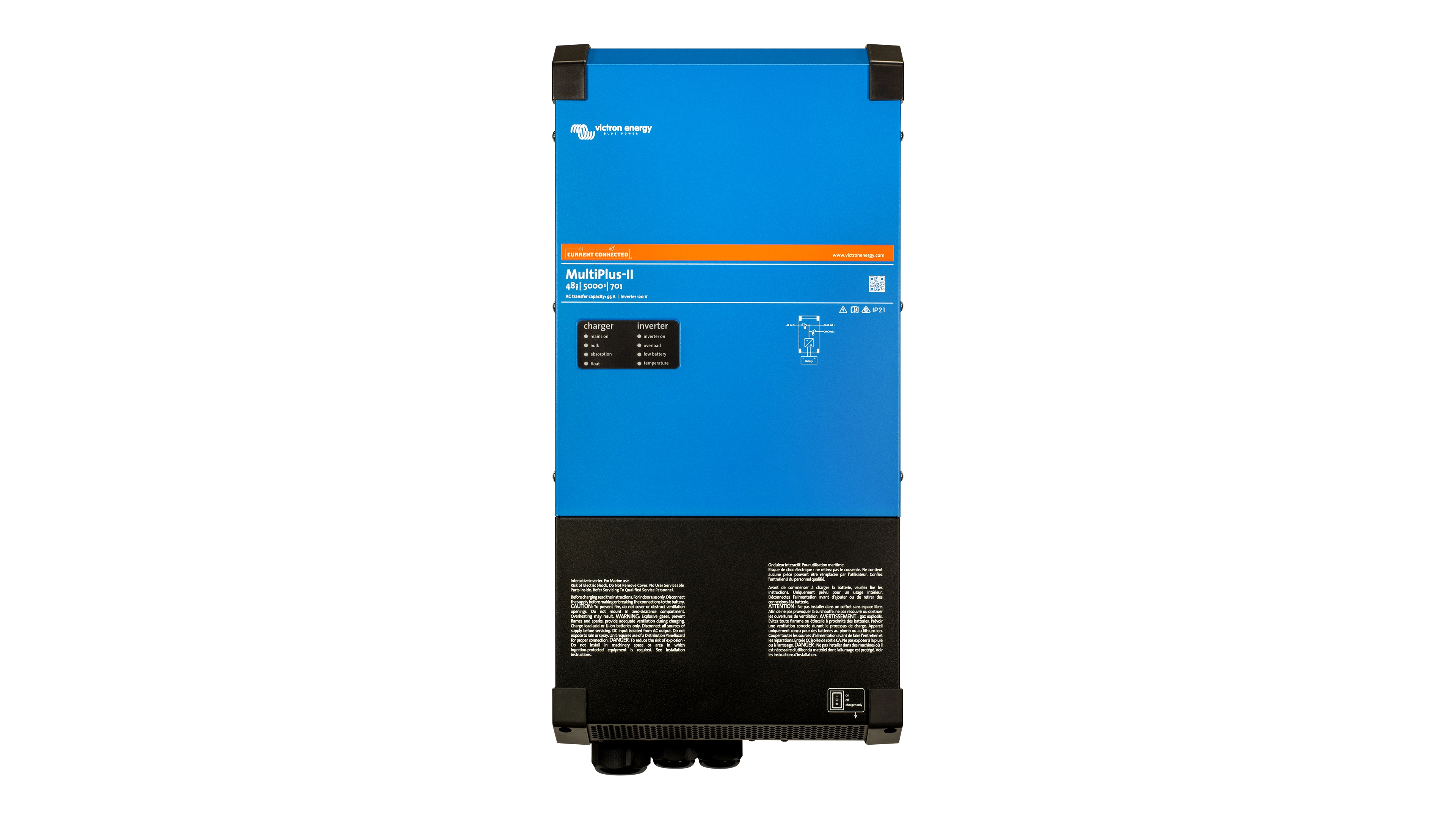 Victron Energy - PMP482505110 - 48V MultiPlus-II 5kVA 120V Inverter-70A Charger - Front View High quality photo of the Victron Energy - PMP482505110 - 48V MultiPlus-II 5kVA 120V Inverter-70A Charger - Front View. Photographed by Current Connected
