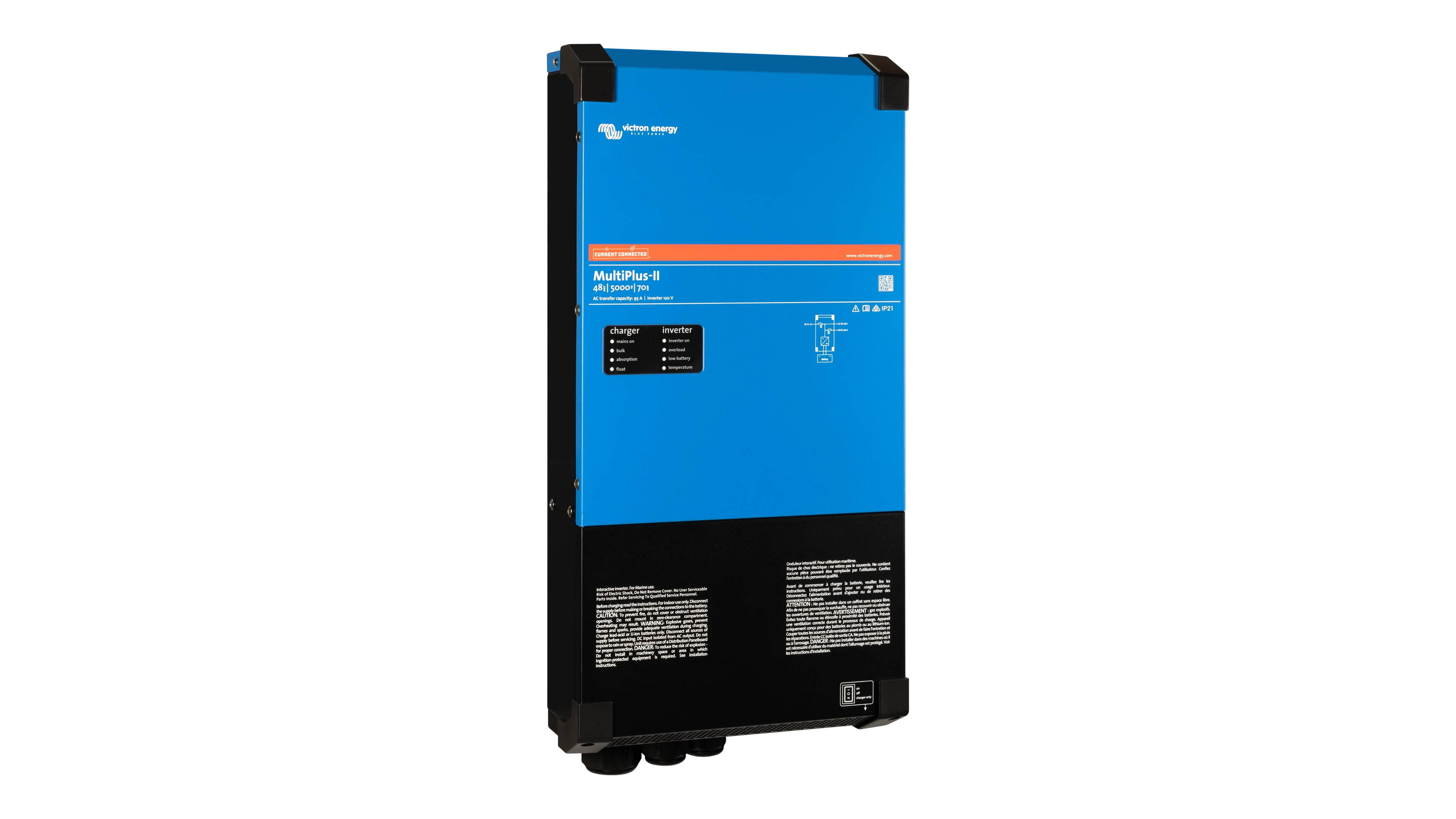 Victron Energy - PMP482505110 - 48V MultiPlus-II 5kVA 120V Inverter-70A Charger - Left View High quality photo of the Victron Energy - PMP482505110 - 48V MultiPlus-II 5kVA 120V Inverter-70A Charger - Left View. Photographed by Current Connected