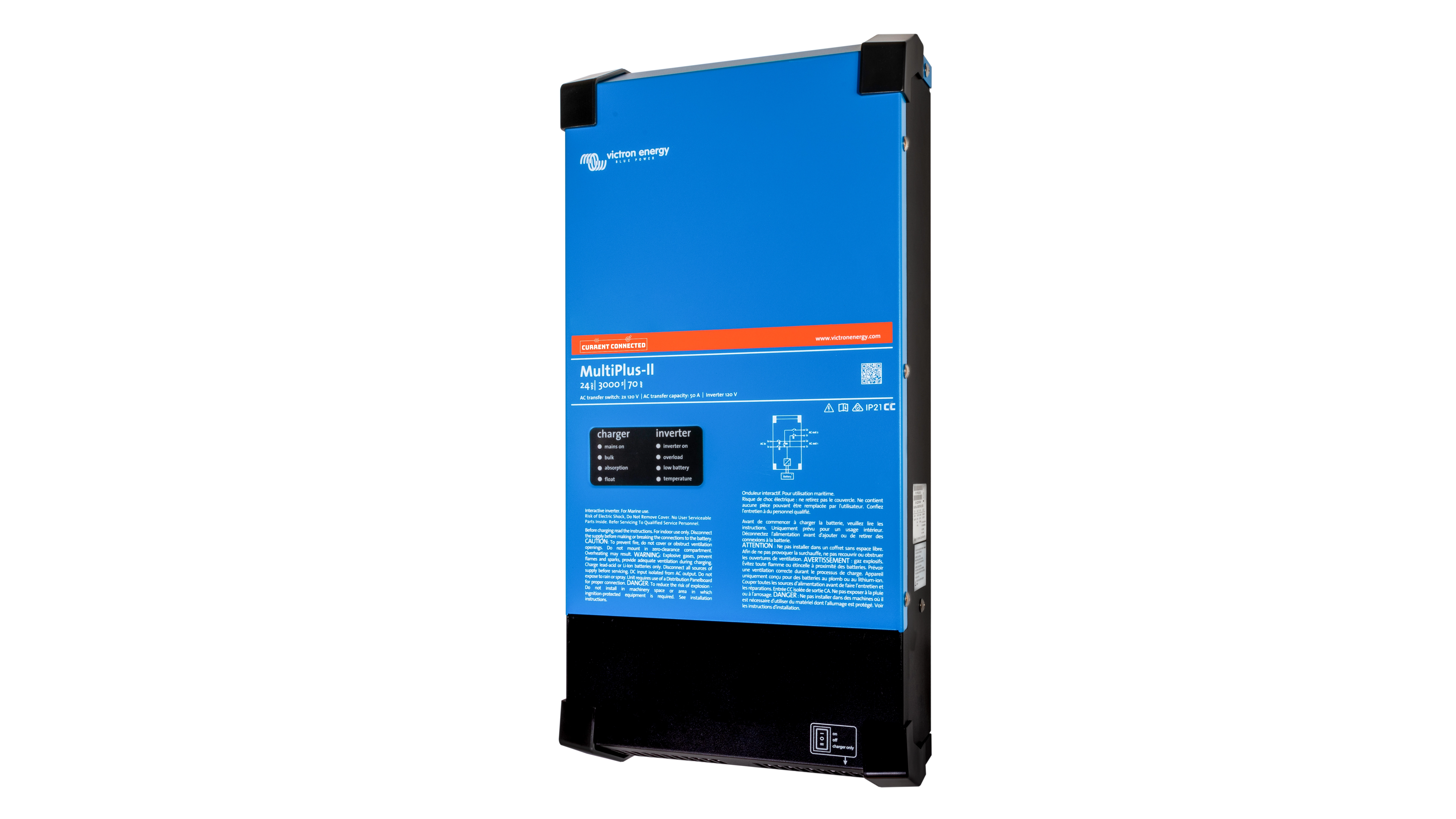 Victron Energy 24V MultiPlus-II 3kVA 2x120V Inverter 70A Charger - Right Victron Energy 24V MultiPlus-II 3kVA 2x120V Inverter 70A Charger. This is a Right view display of the inverter by Victron Energy with no background.
