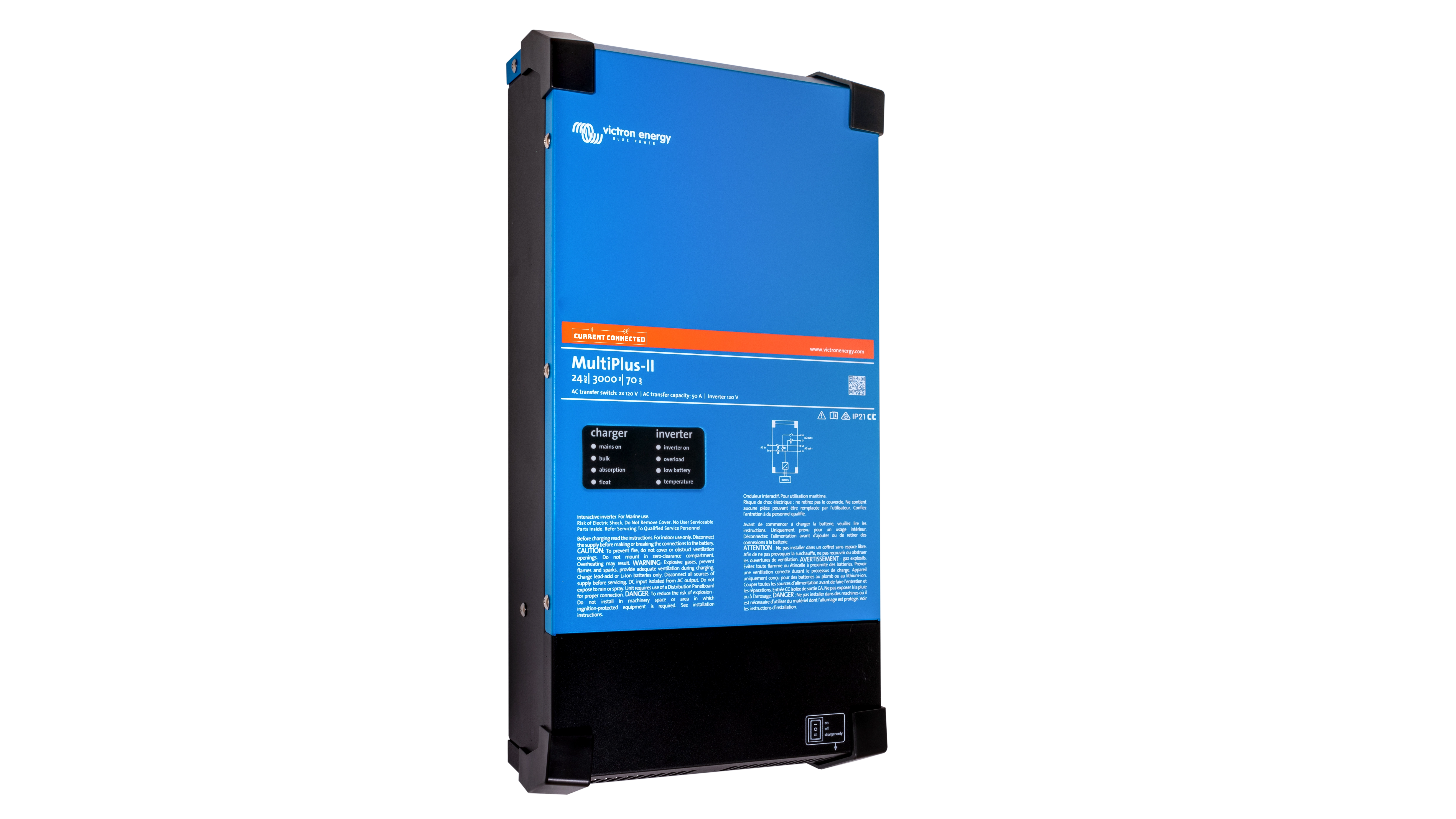 Victron Energy 24V MultiPlus-II 3kVA 2x120V Inverter 70A Charger - Left Victron Energy 24V MultiPlus-II 3kVA 2x120V Inverter 70A Charger. This is a Left view display of the inverter by Victron Energy with no background.