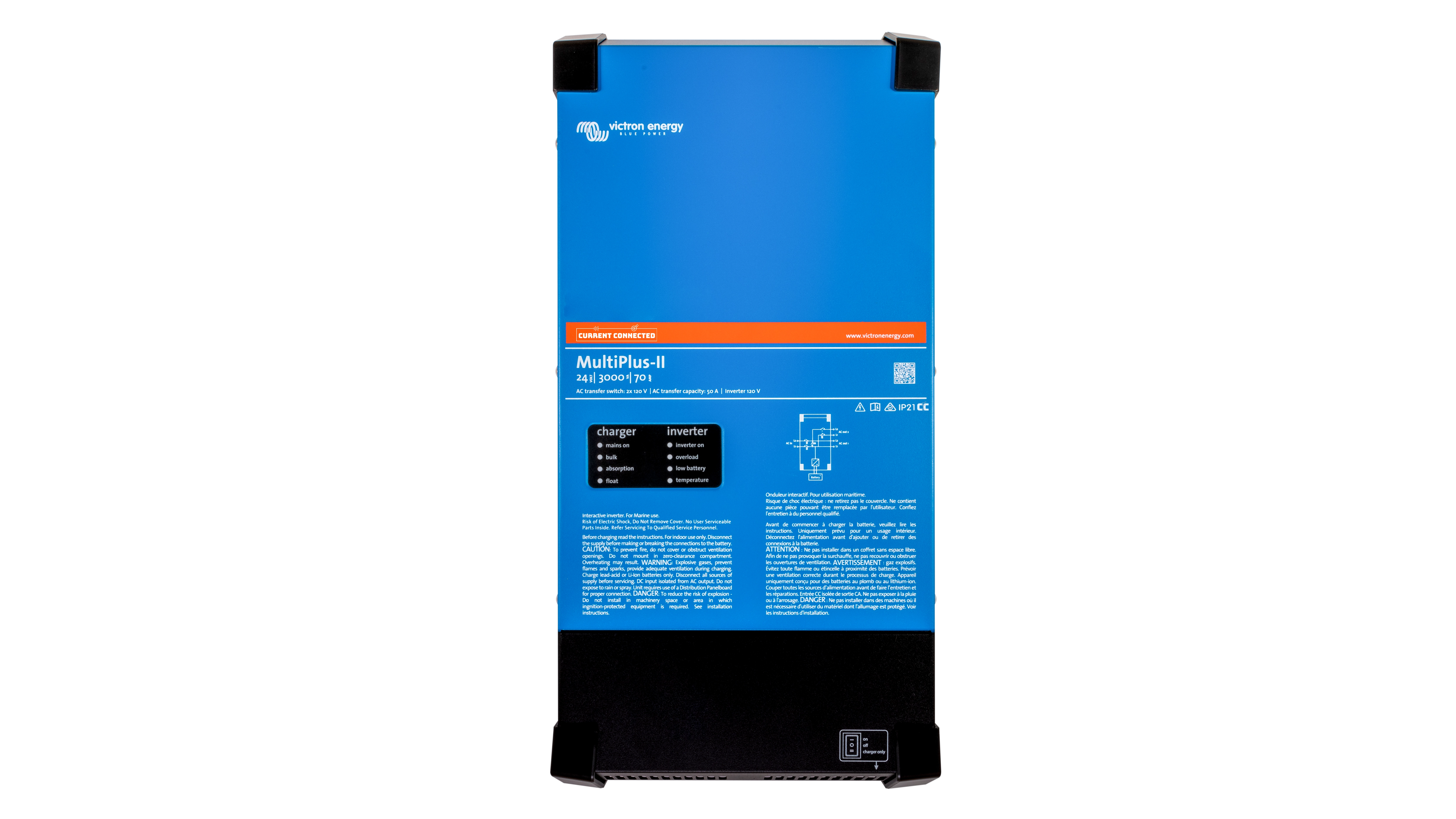 Victron Energy 24V MultiPlus-II 3kVA 2x120V Inverter 70A Charger - Front Victron Energy 24V MultiPlus-II 3kVA 2x120V Inverter 70A Charger. This is a Front view display of the inverter by Victron Energy with no background.