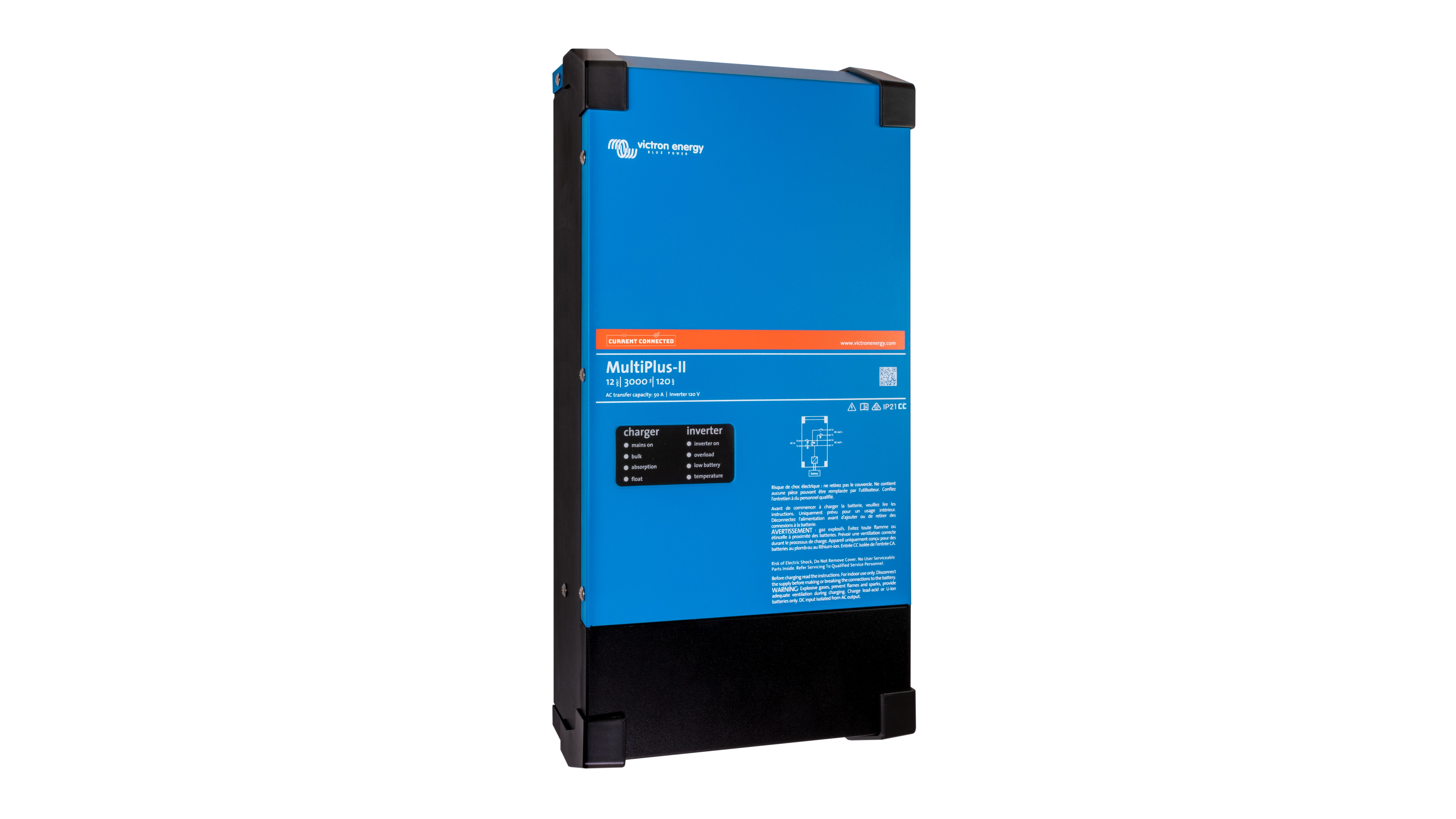 Victron Energy 12V MultiPlus-II 3kVA 120V Inverter 120A Charger (UL). This is a Left view display of the inverter by Victron Energy with no background.
