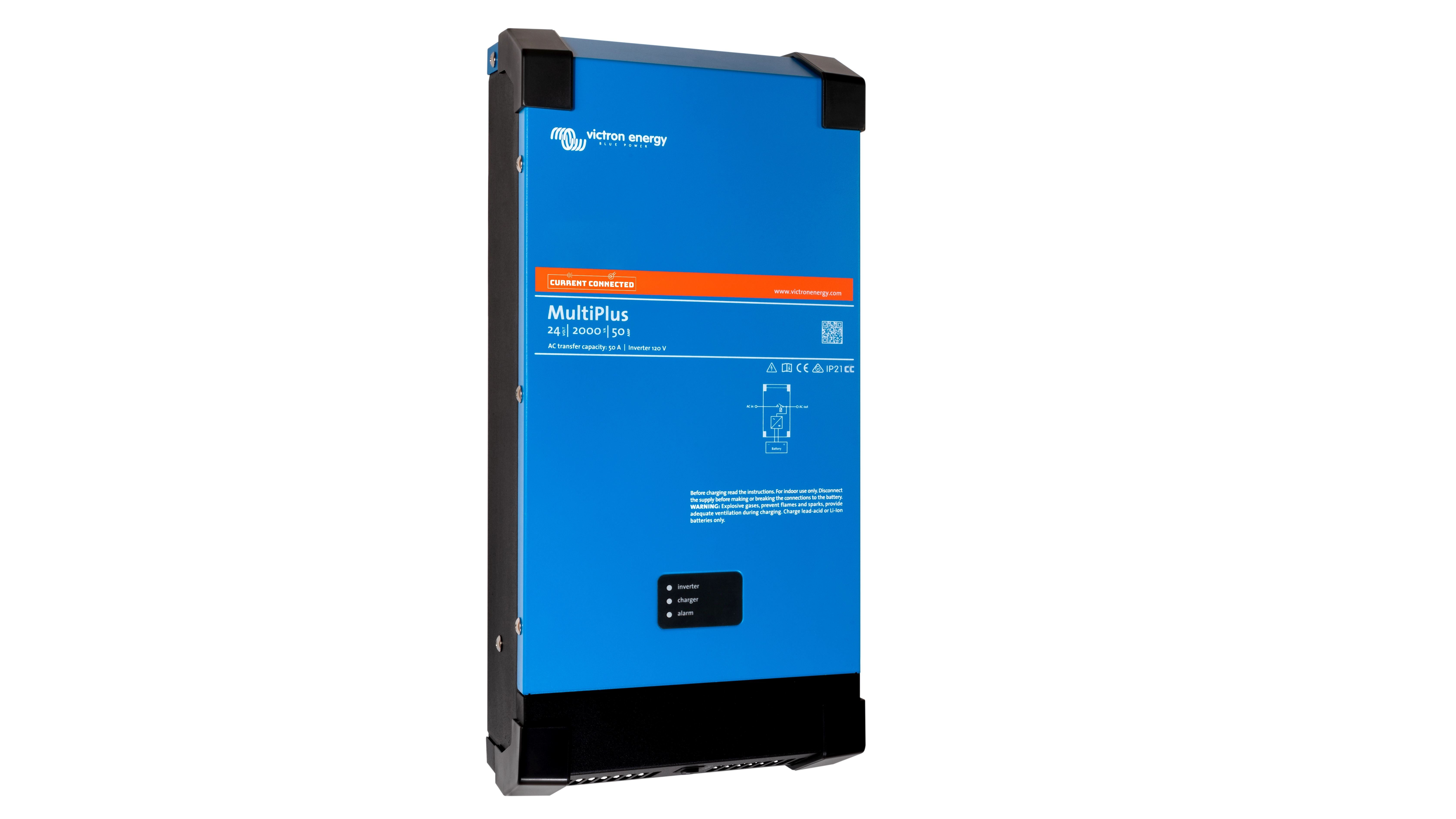 Victron Energy 24V MultiPlus 2kVA 120V Inverter 50A Charger (UL). This is a Left view display of the inverter by Victron Energy with no background.