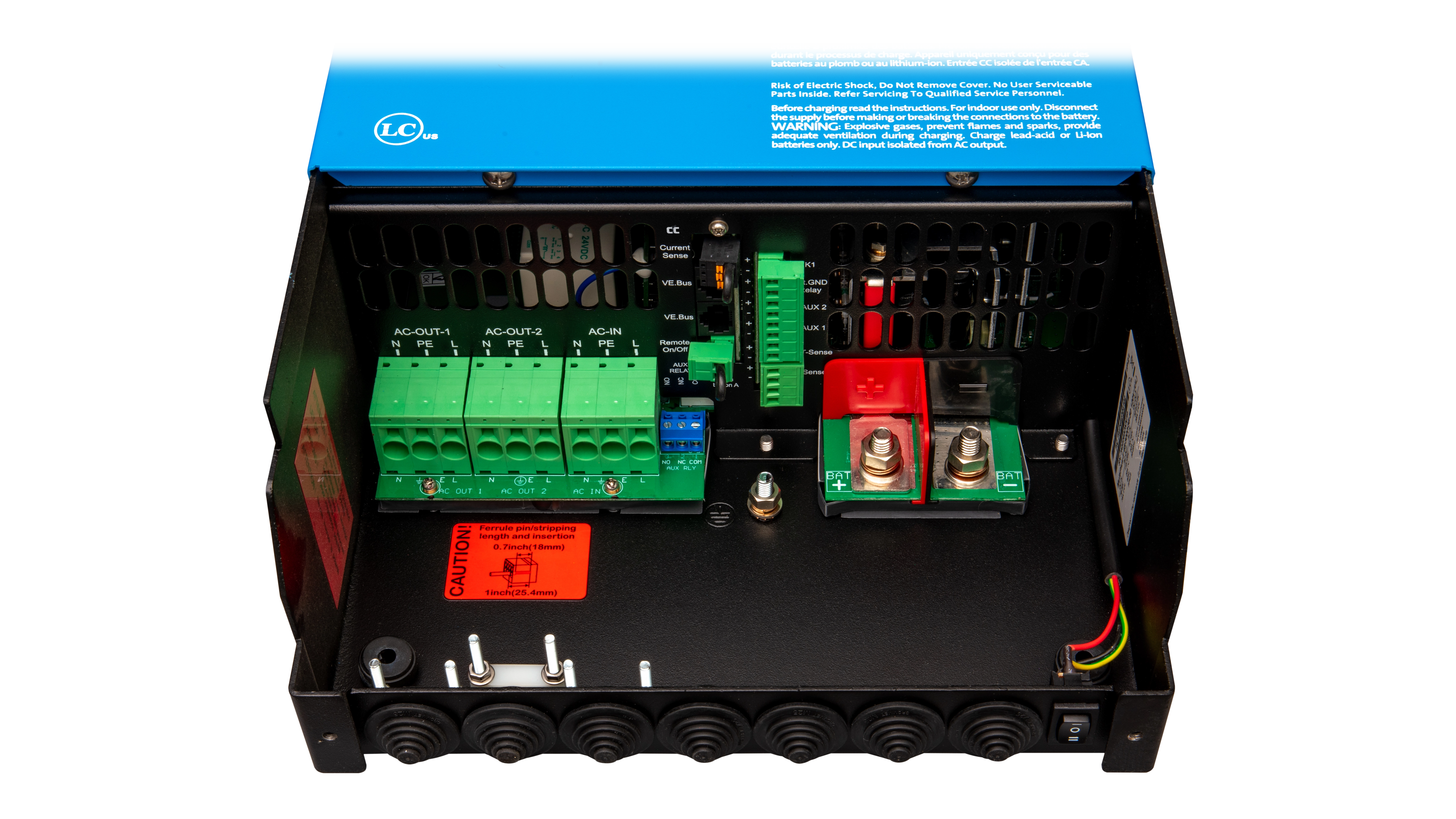 Victron Energy 48V MultiPlus-II 3kVA 120V Inverter 35A Charger - UL1741 - Internal Victron Energy 48V MultiPlus-II 3kVA 120V Inverter 35A Charger - UL1741. This is a Internal view display of the inverter by Victron Energy with no background.