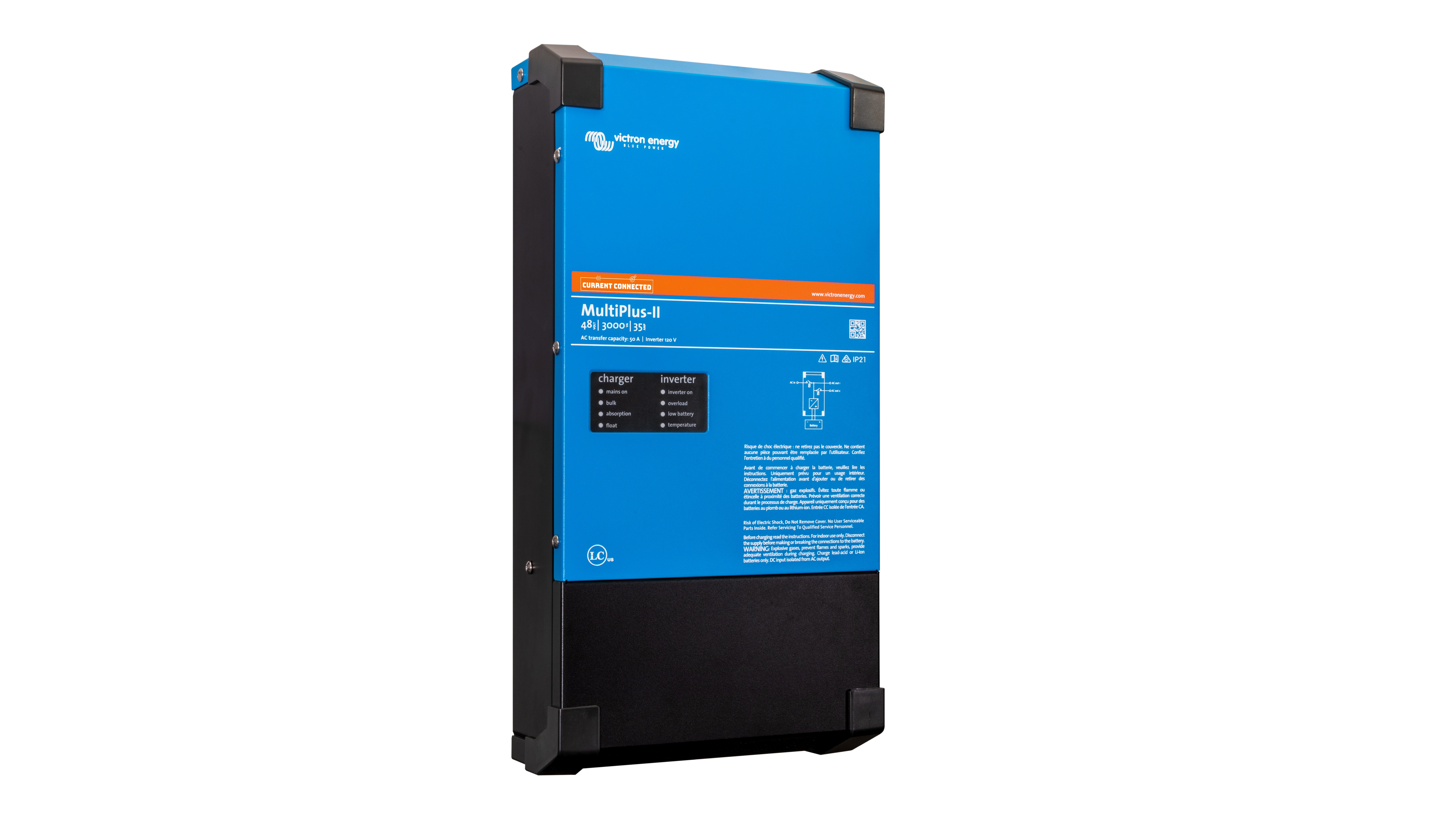 Victron Energy 48V MultiPlus-II 3kVA 120V Inverter 35A Charger - UL1741 - Left Victron Energy 48V MultiPlus-II 3kVA 120V Inverter 35A Charger - UL1741. This is a Left view display of the inverter by Victron Energy with no background.