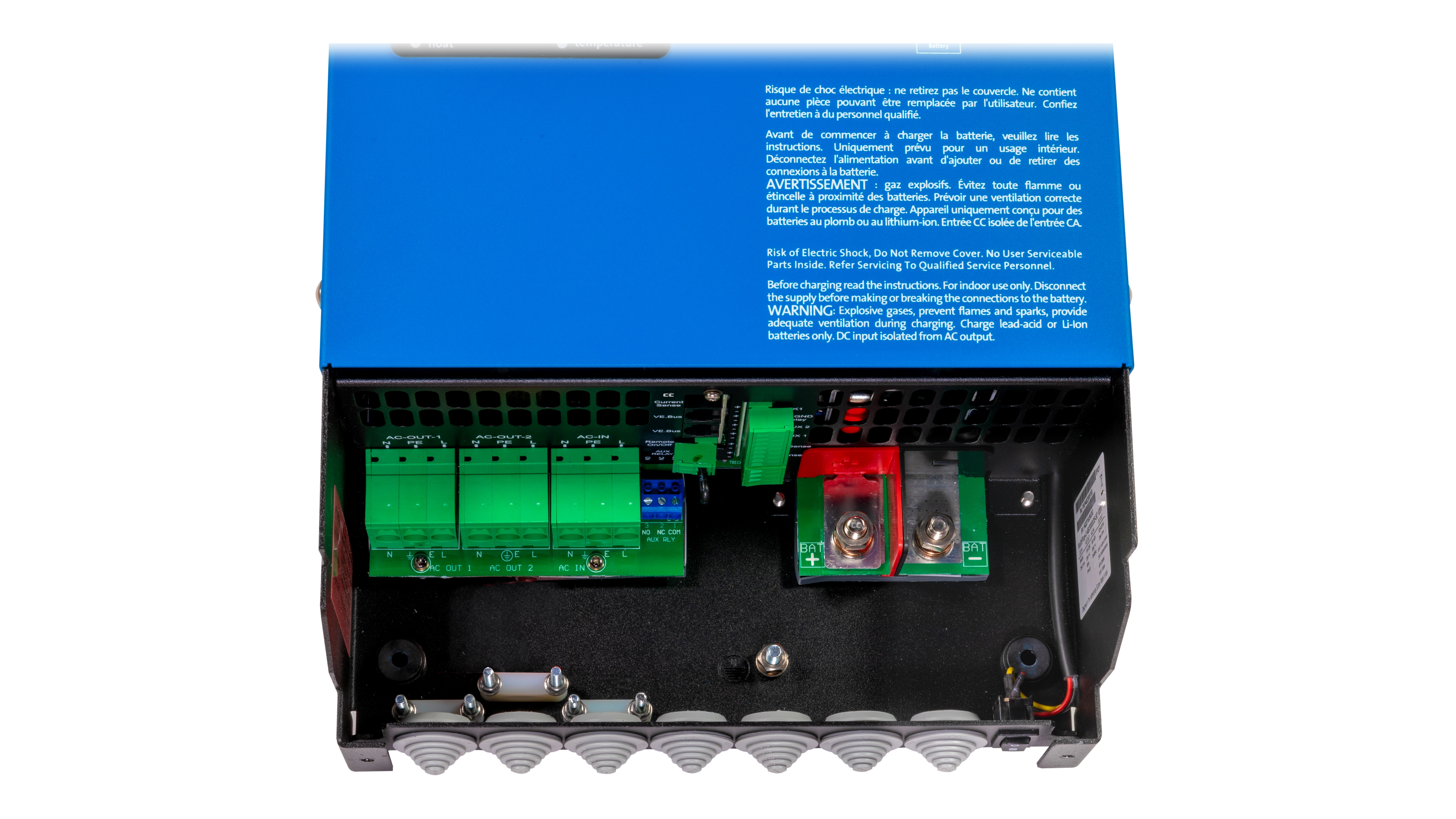 Victron Energy 48V MultiPlus-II 3kVA 120V Inverter 35A Charger – Internal View Victron Energy 48V MultiPlus-II 3kVA 120V Inverter 35A Charger. This is a Internal view display of the inverter by Victron Energy with no background.