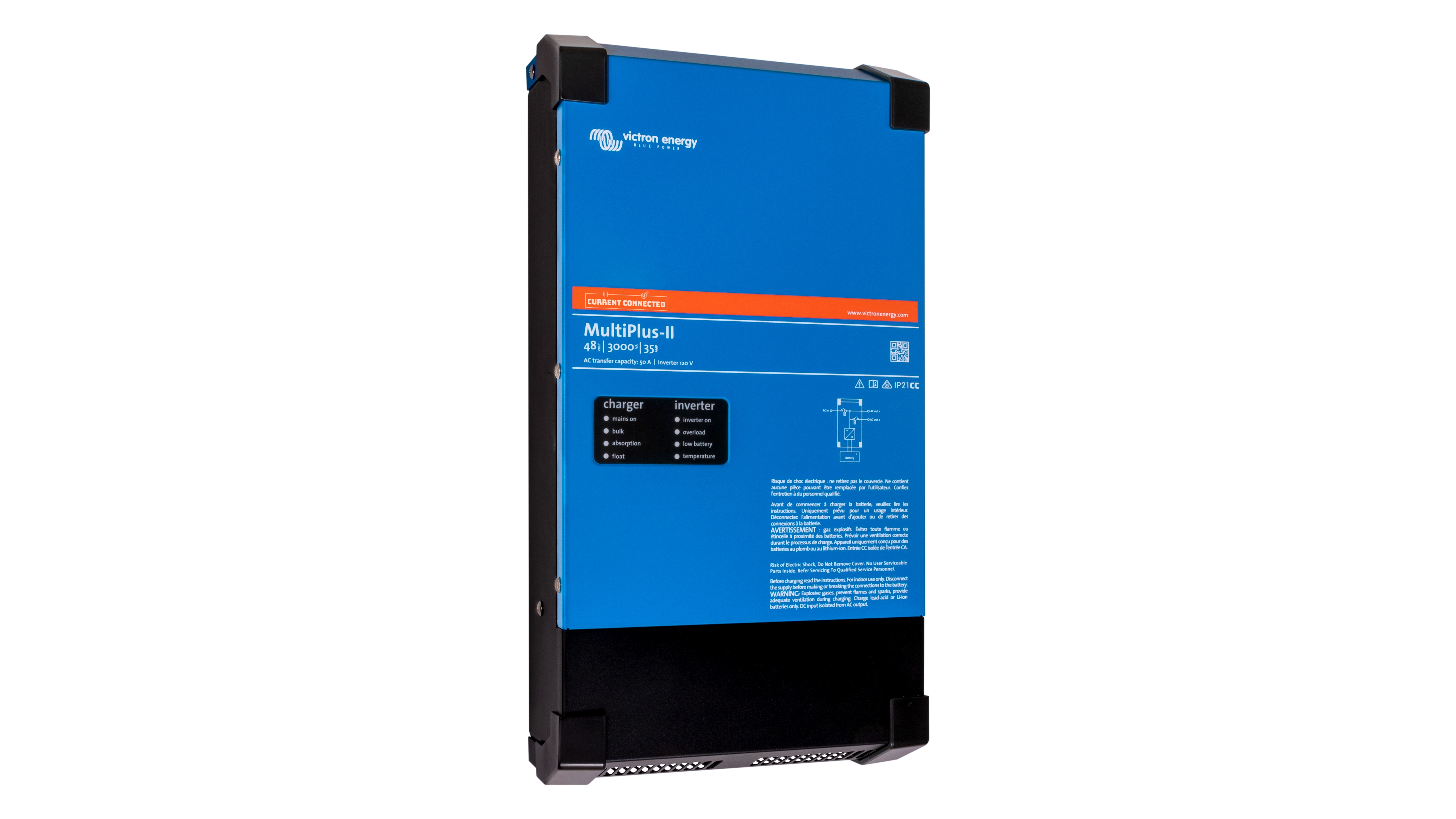 Victron Energy 48V MultiPlus-II 3kVA 120V Inverter 35A Charger – Left View Victron Energy 48V MultiPlus-II 3kVA 120V Inverter 35A Charger. This is a Left view display of the inverter by Victron Energy with no background.