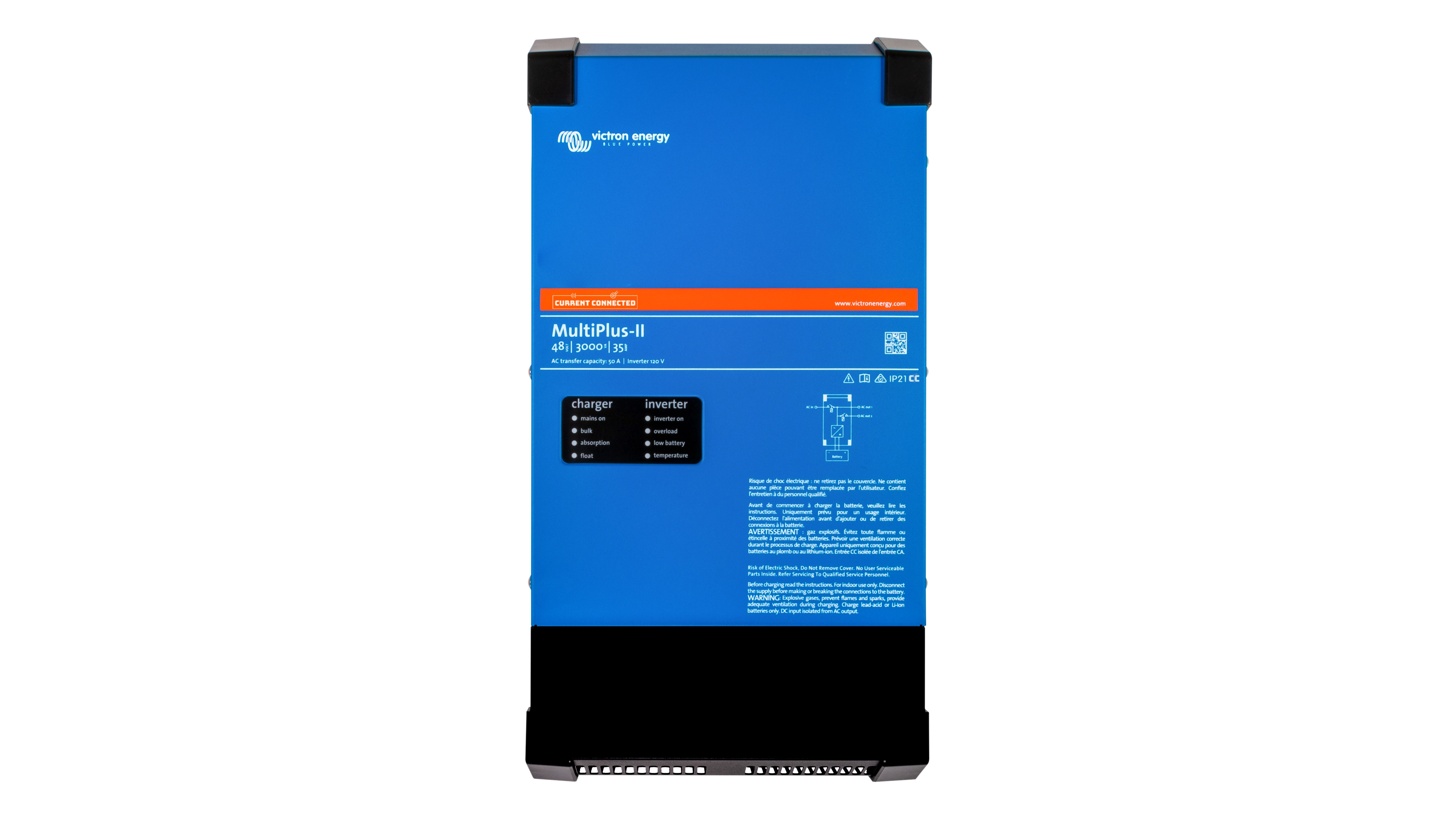 Victron Energy 48V MultiPlus-II 3kVA 120V Inverter 35A Charger – Front View Victron Energy 48V MultiPlus-II 3kVA 120V Inverter 35A Charger. This is a Front view display of the inverter by Victron Energy with no background.