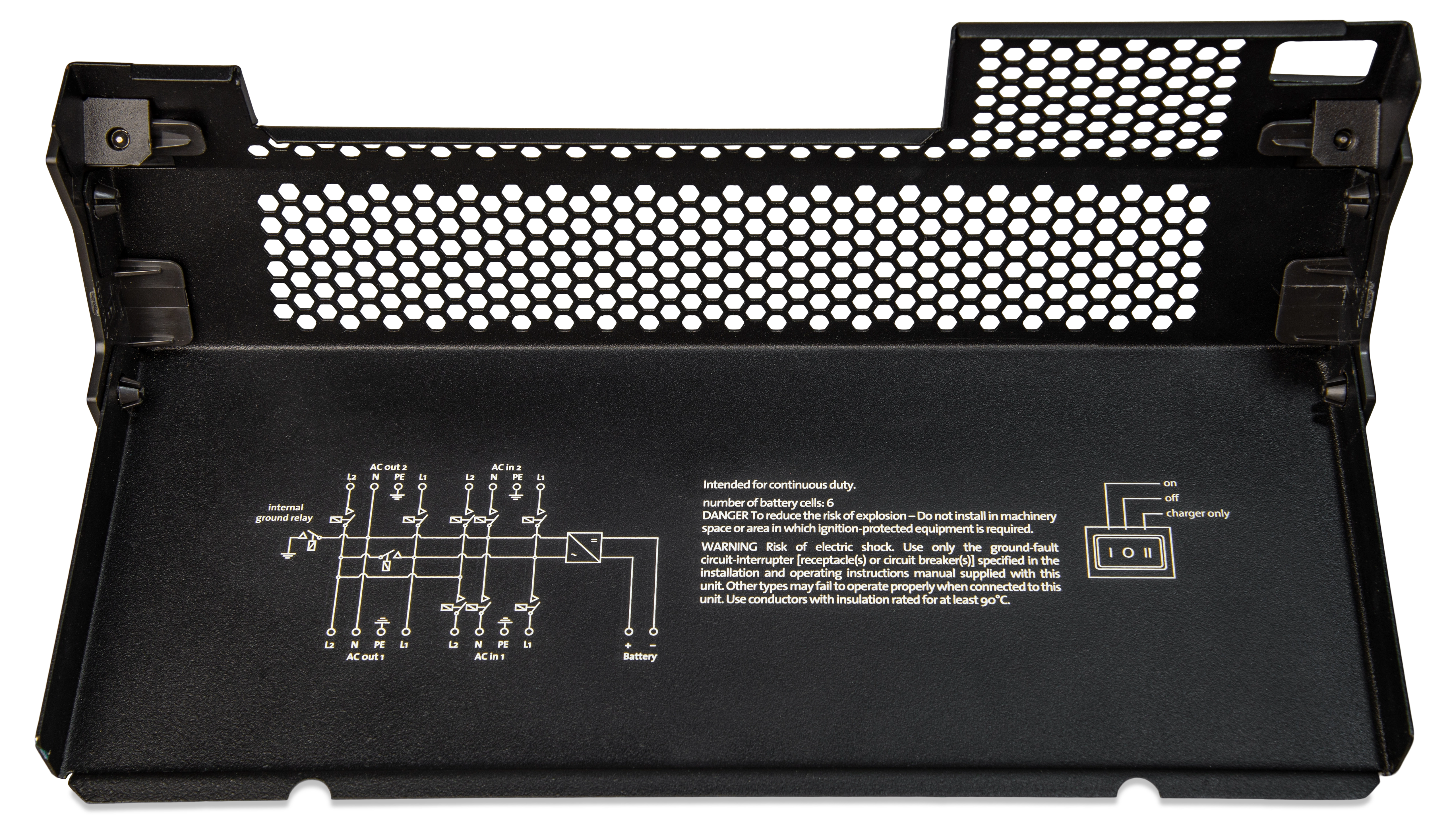 Victron Energy 12V Quattro-II 3kVA 2x120V Inverter 120A Charger. This is a Wiring Diagram View display of the inverter by Victron Energy with no background.