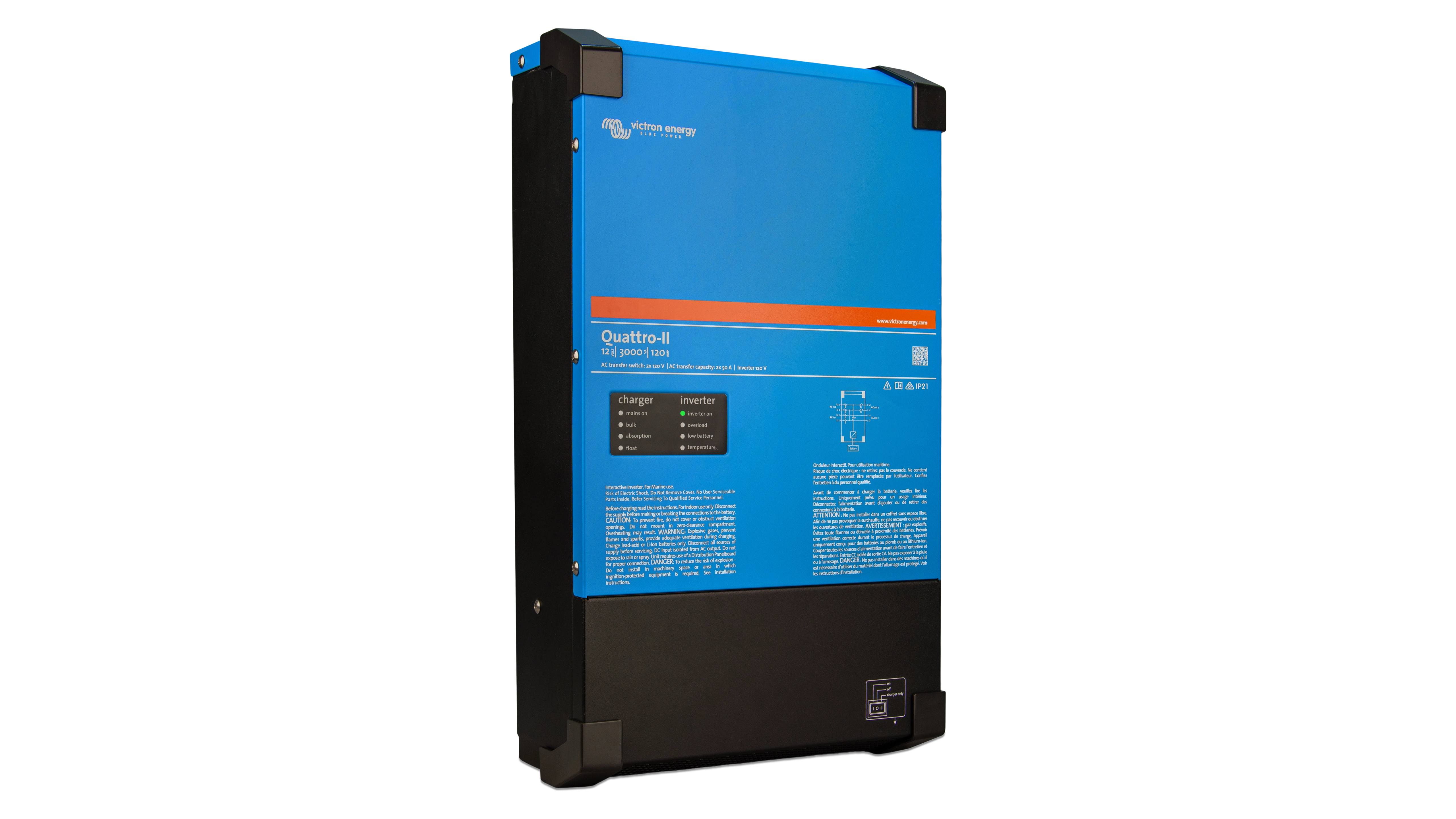 Victron Energy 24V Quattro-II 3kVA 2x120V Inverter 70A Charger – Left View Victron Energy 24V Quattro-II 3kVA 2x120V Inverter 70A Charger. This is a Left view display of the inverter by Victron Energy with no background.