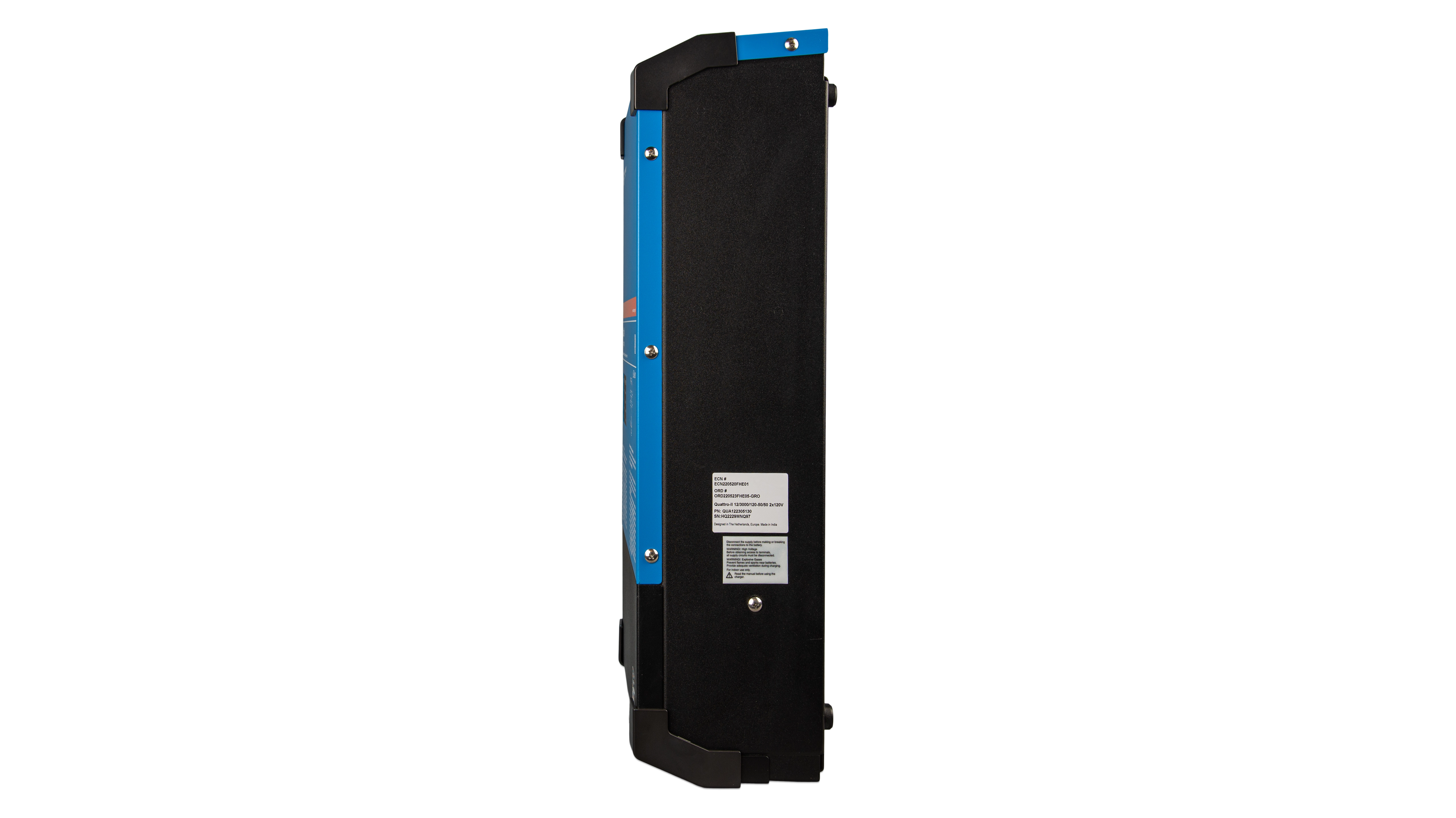 Victron Energy 24V Quattro-II 3kVA 2x120V Inverter 70A Charger – Side View Victron Energy 24V Quattro-II 3kVA 2x120V Inverter 70A Charger. This is a Side View display of the inverter by Victron Energy with no background.