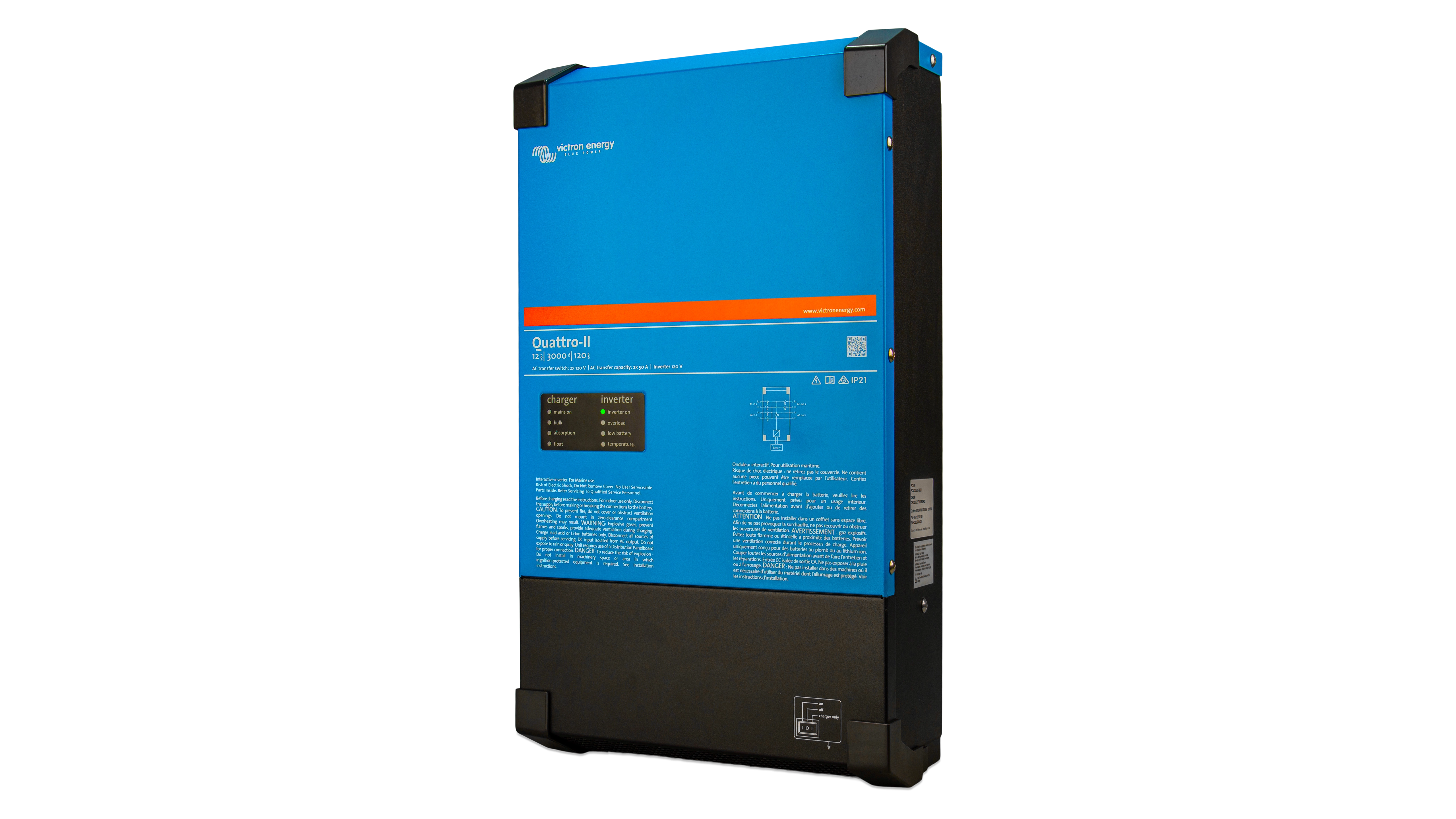 Victron Energy 24V Quattro-II 3kVA 2x120V Inverter 70A Charger – Right View Victron Energy 24V Quattro-II 3kVA 2x120V Inverter 70A Charger. This is a Right view display of the inverter by Victron Energy with no background.