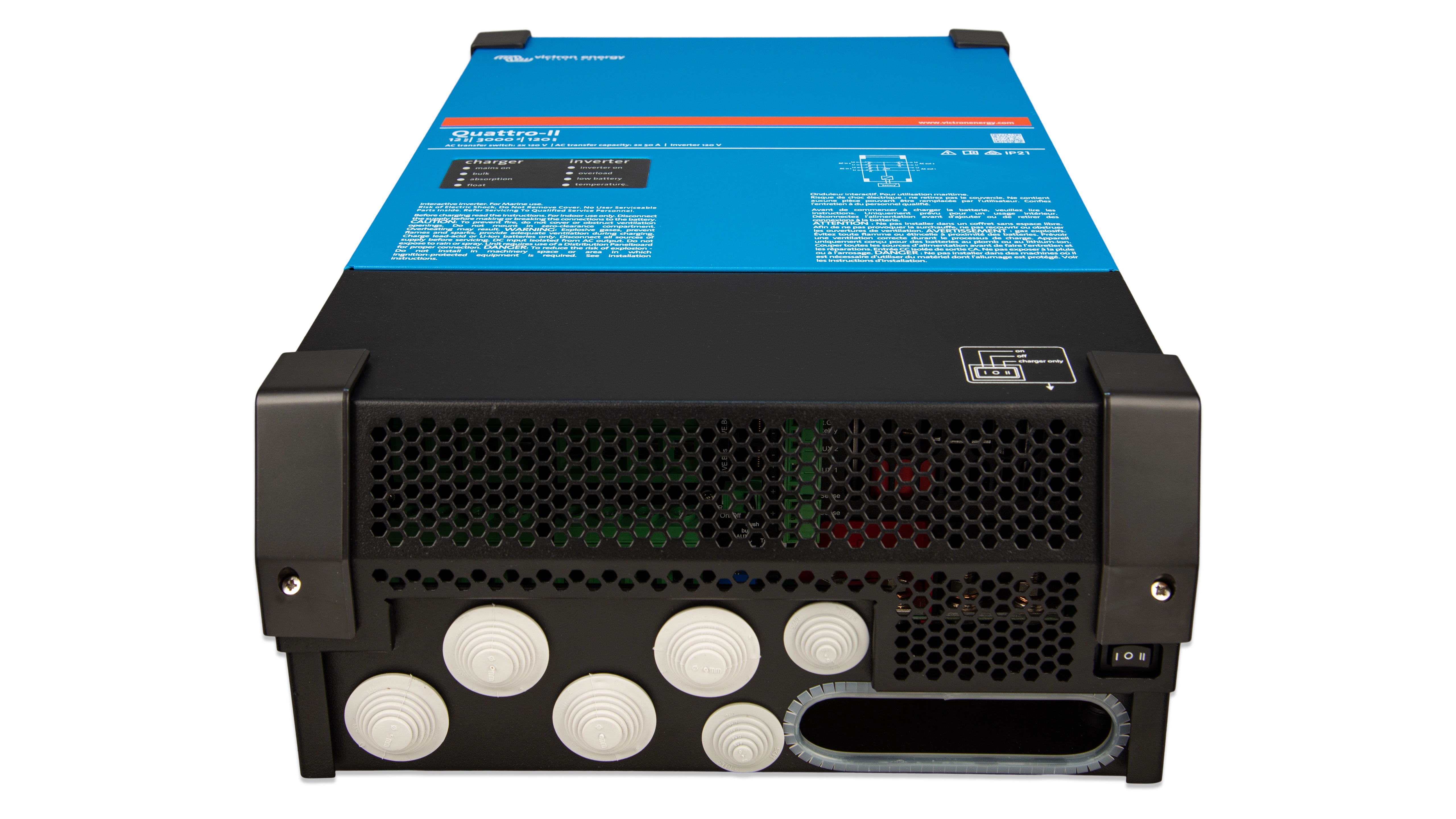 Victron Energy 24V Quattro-II 3kVA 2x120V Inverter 70A Charger – Bottom View Victron Energy 24V Quattro-II 3kVA 2x120V Inverter 70A Charger. This is a Bottom view display of the inverter by Victron Energy with no background.