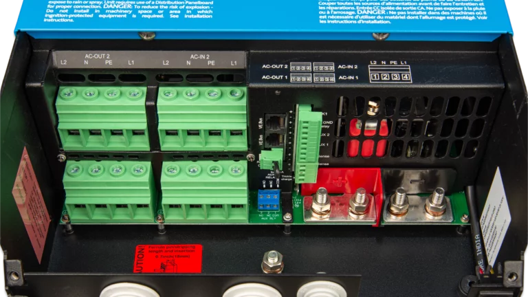 Victron Energy 24V Quattro-II 3kVA 2x120V Inverter 70A Charger. This is a Angled Internal View display of the inverter by Victron Energy with no background.