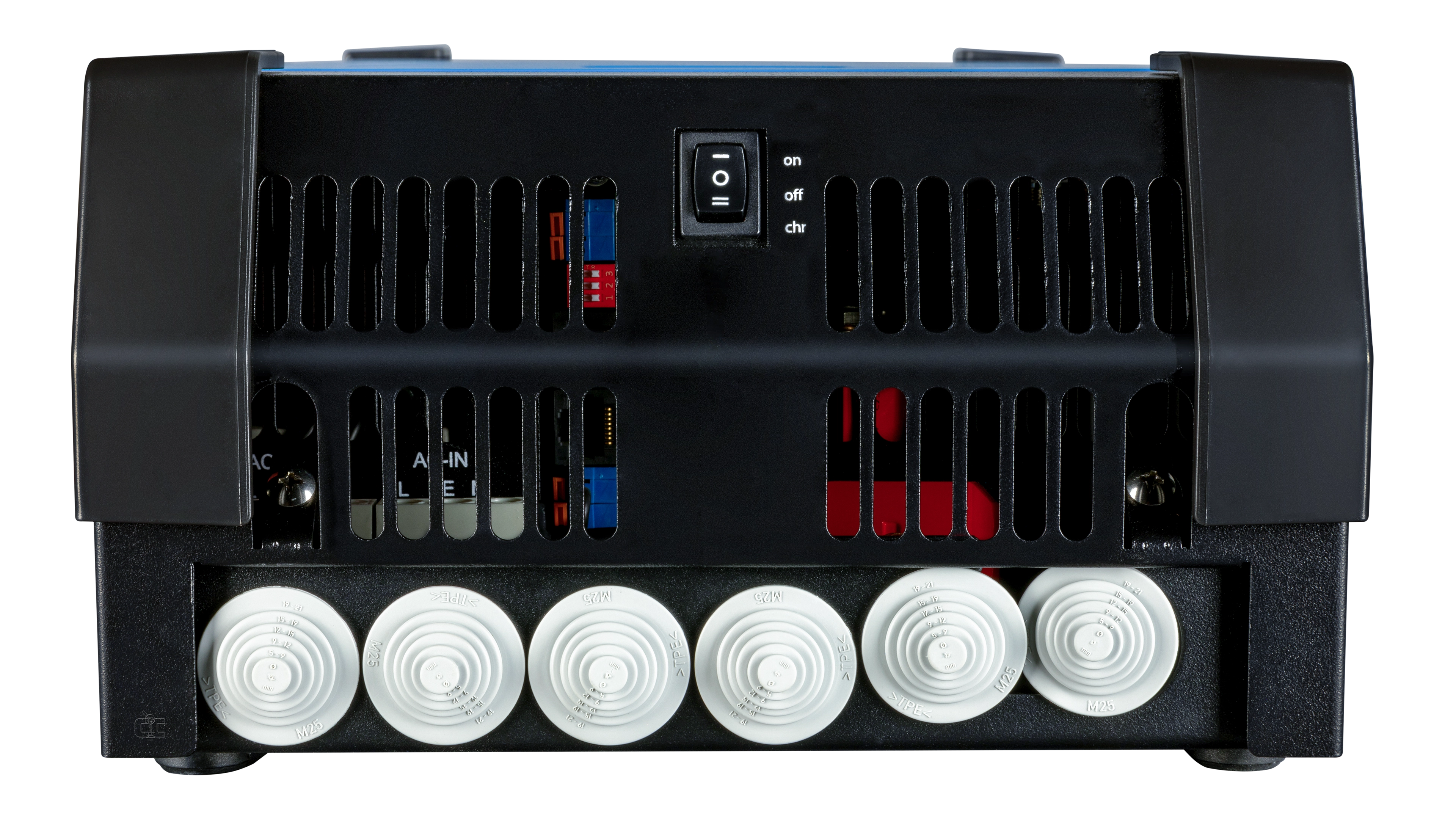 Victron Energy 48V MultiPlus 2kVA 120V Inverter 25A Charger - Bottom Victron Energy 48V MultiPlus 2kVA 120V Inverter 25A Charger. This is a Bottom view display of the inverter by Victron Energy with no background.