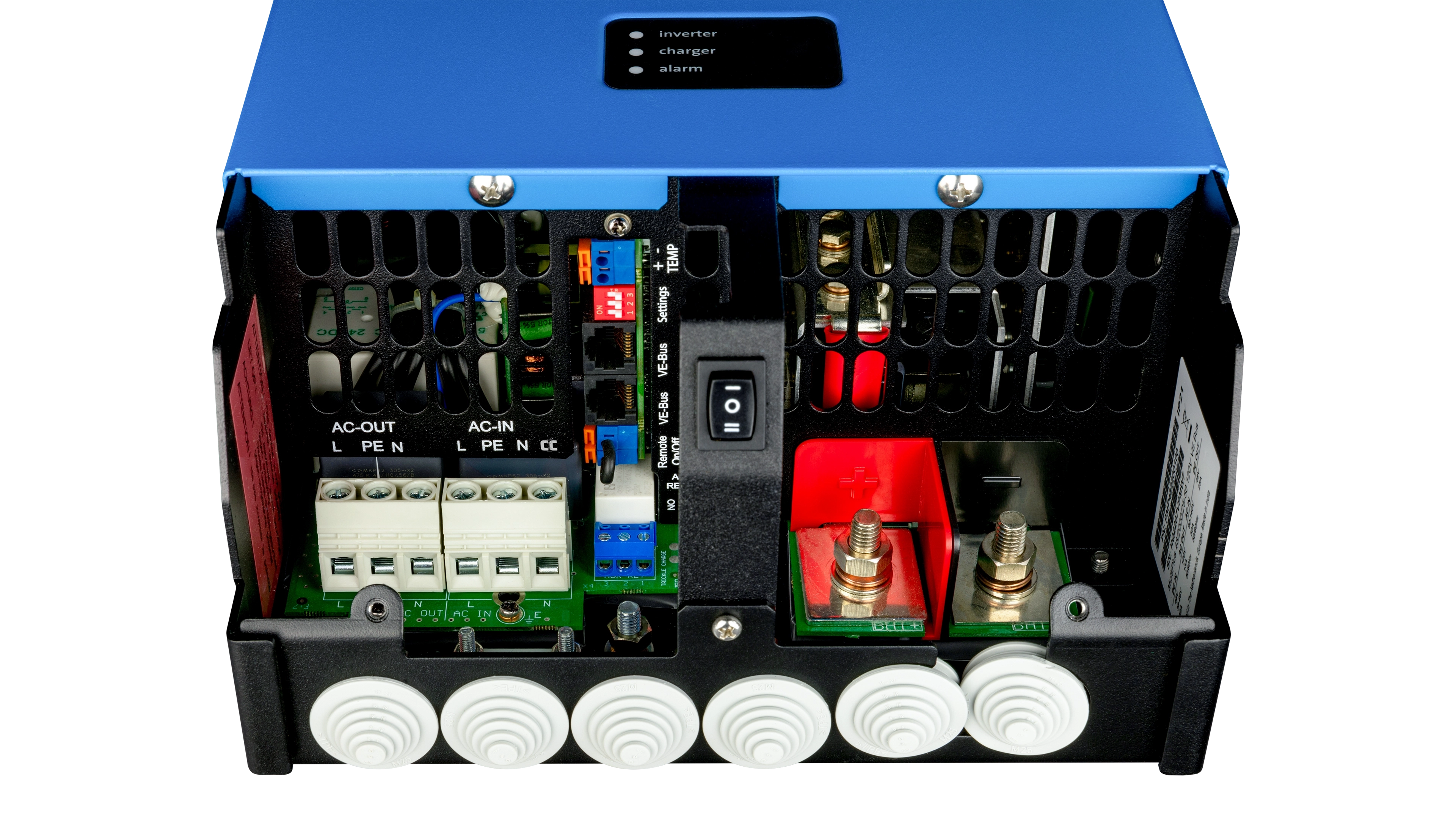 Victron Energy 48V MultiPlus 2kVA 120V Inverter 25A Charger - Internal Victron Energy 48V MultiPlus 2kVA 120V Inverter 25A Charger. This is a Internal view display of the inverter by Victron Energy with no background.